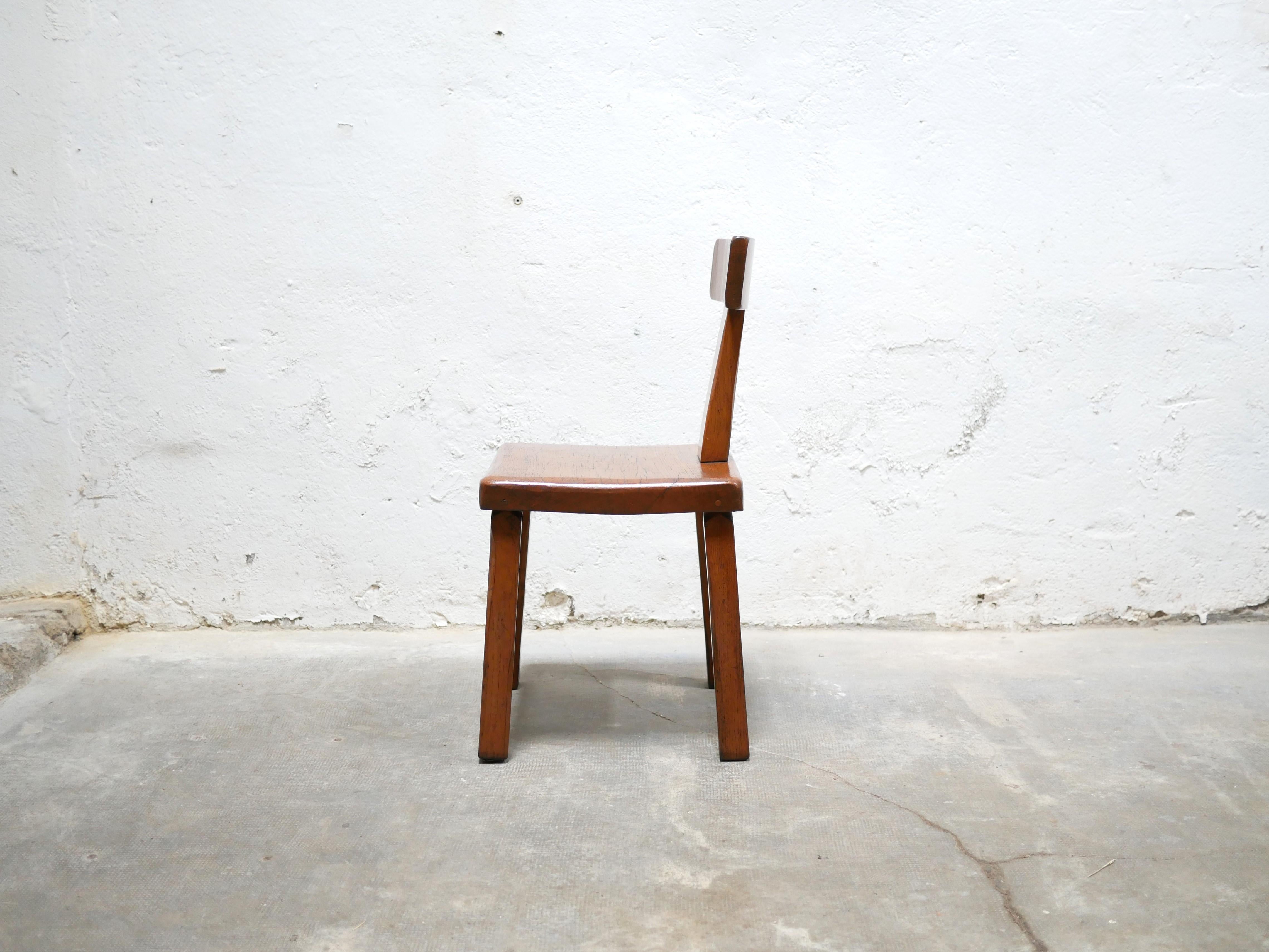 French Vintage brutalist wooden T chair For Sale