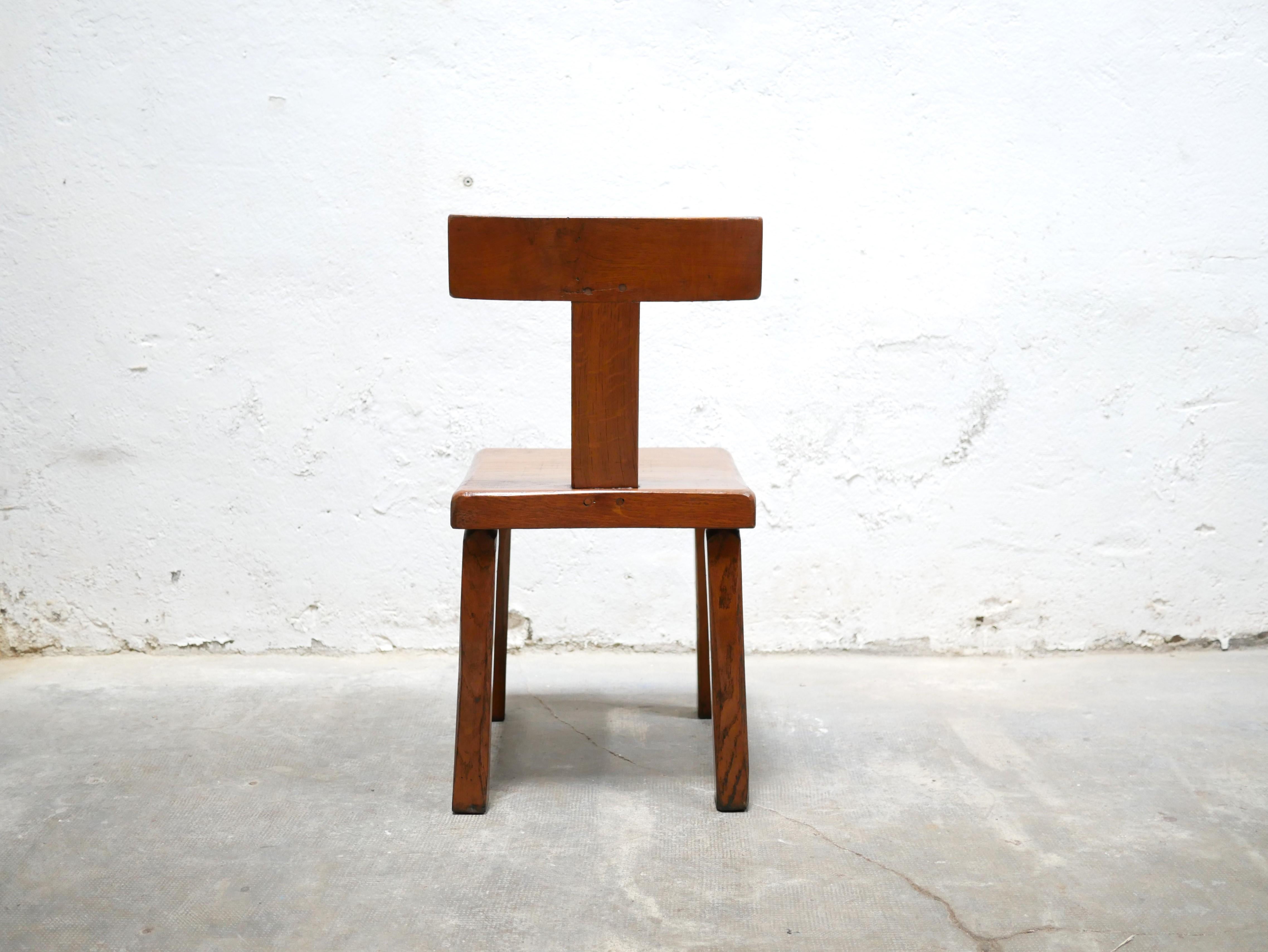 20th Century Vintage brutalist wooden T chair For Sale