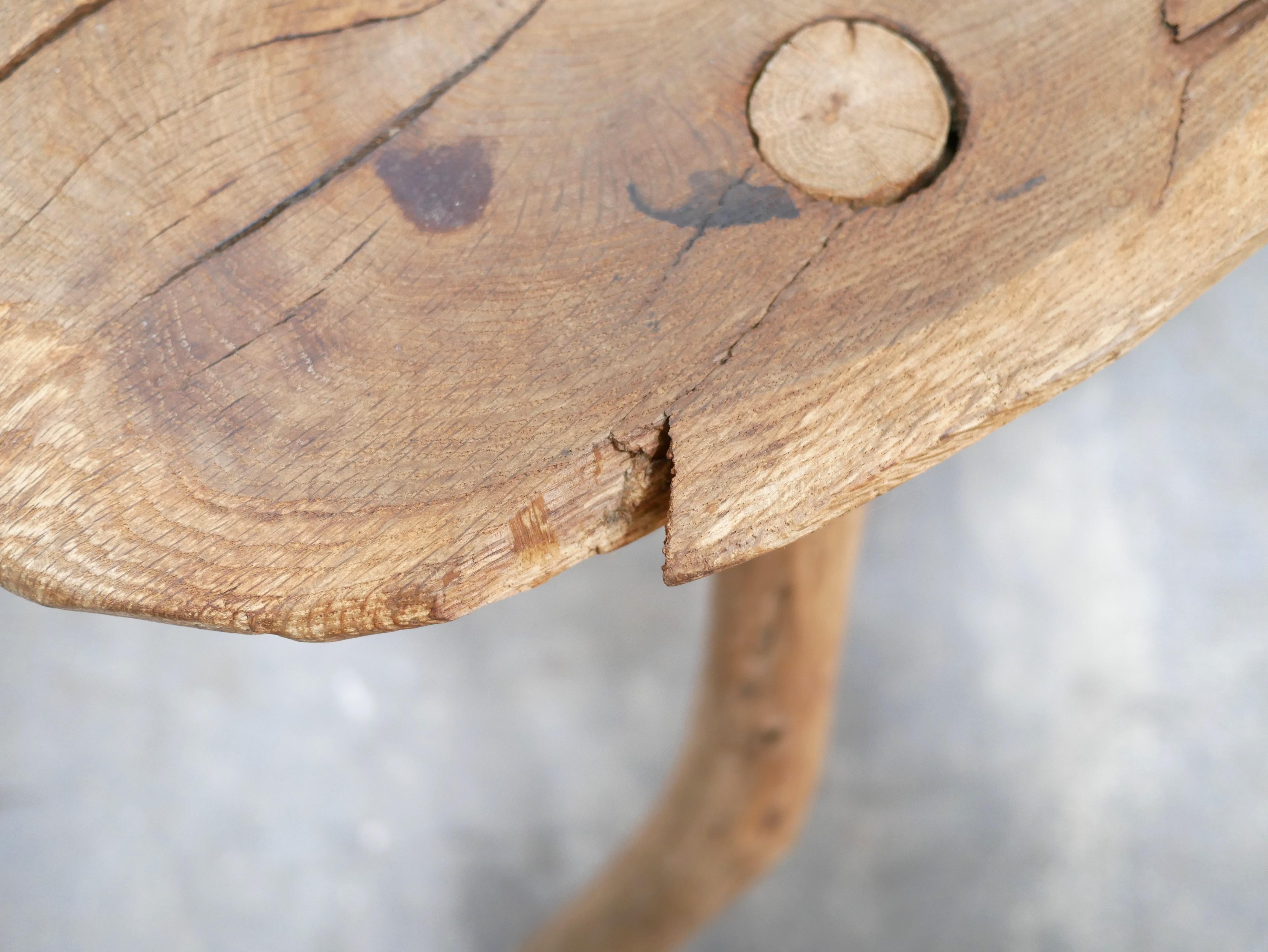 Vintage brutalist wooden tripod side table For Sale 5