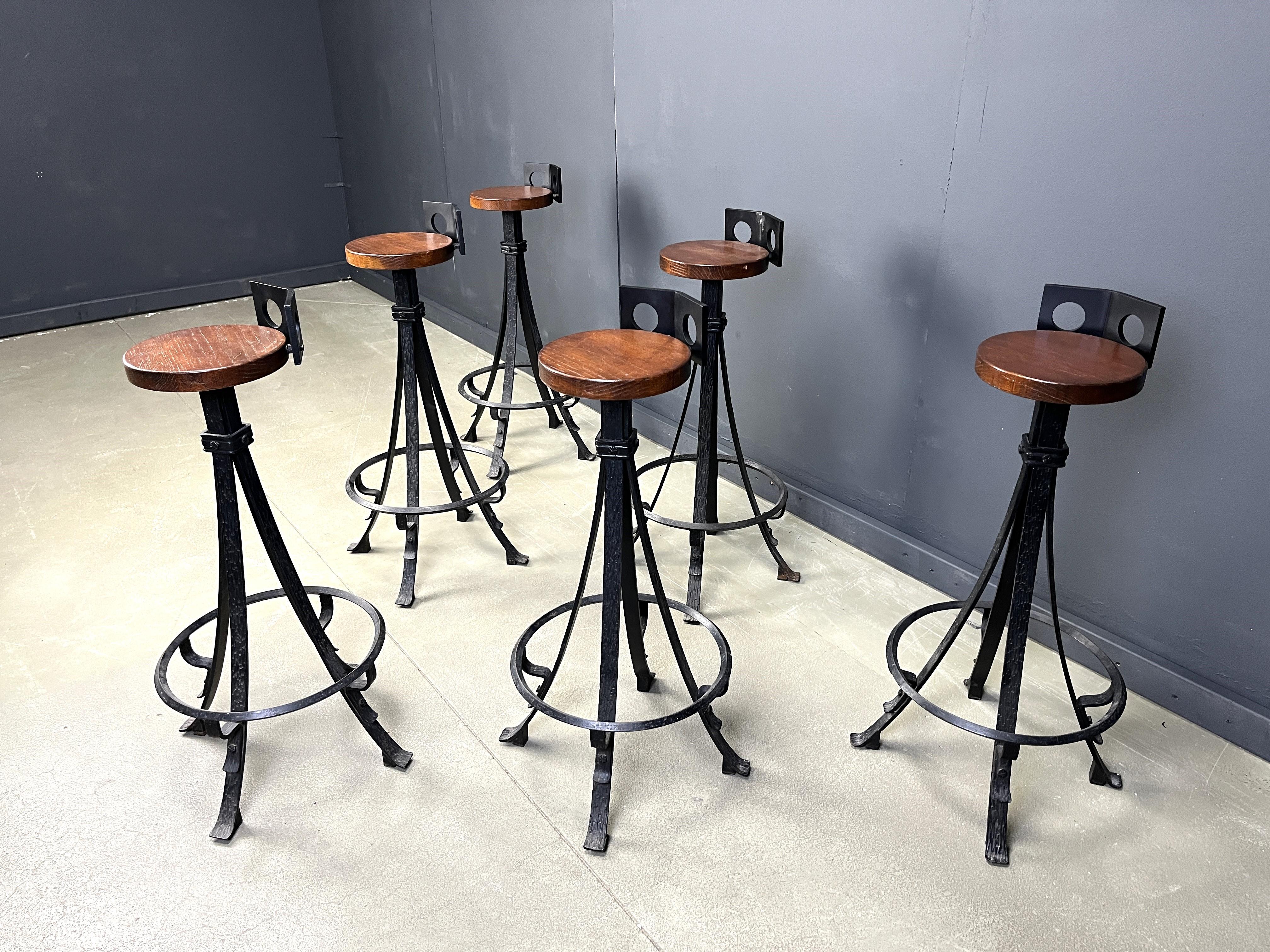 Vintage brutalist wrought iron bar stools, 1970s - set of 6 For Sale 6