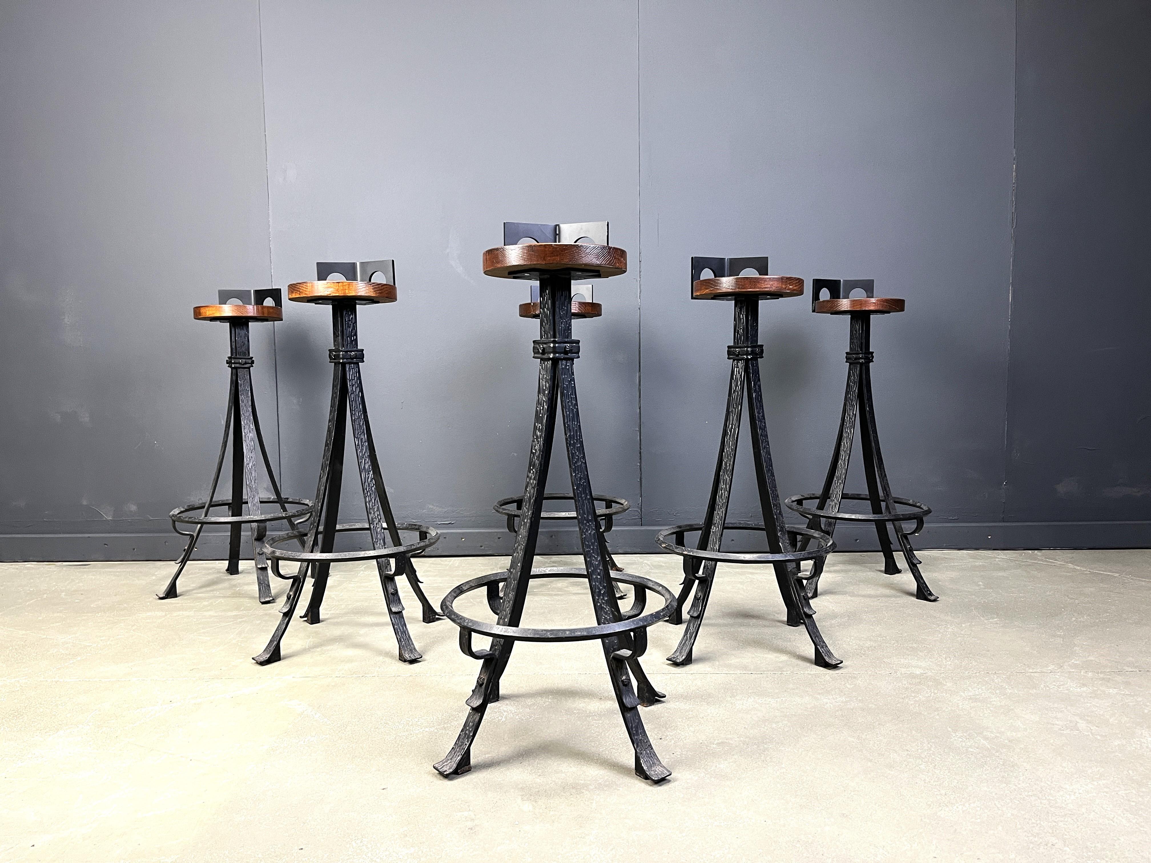 Brutalist Vintage brutalist wrought iron bar stools, 1970s - set of 6 For Sale