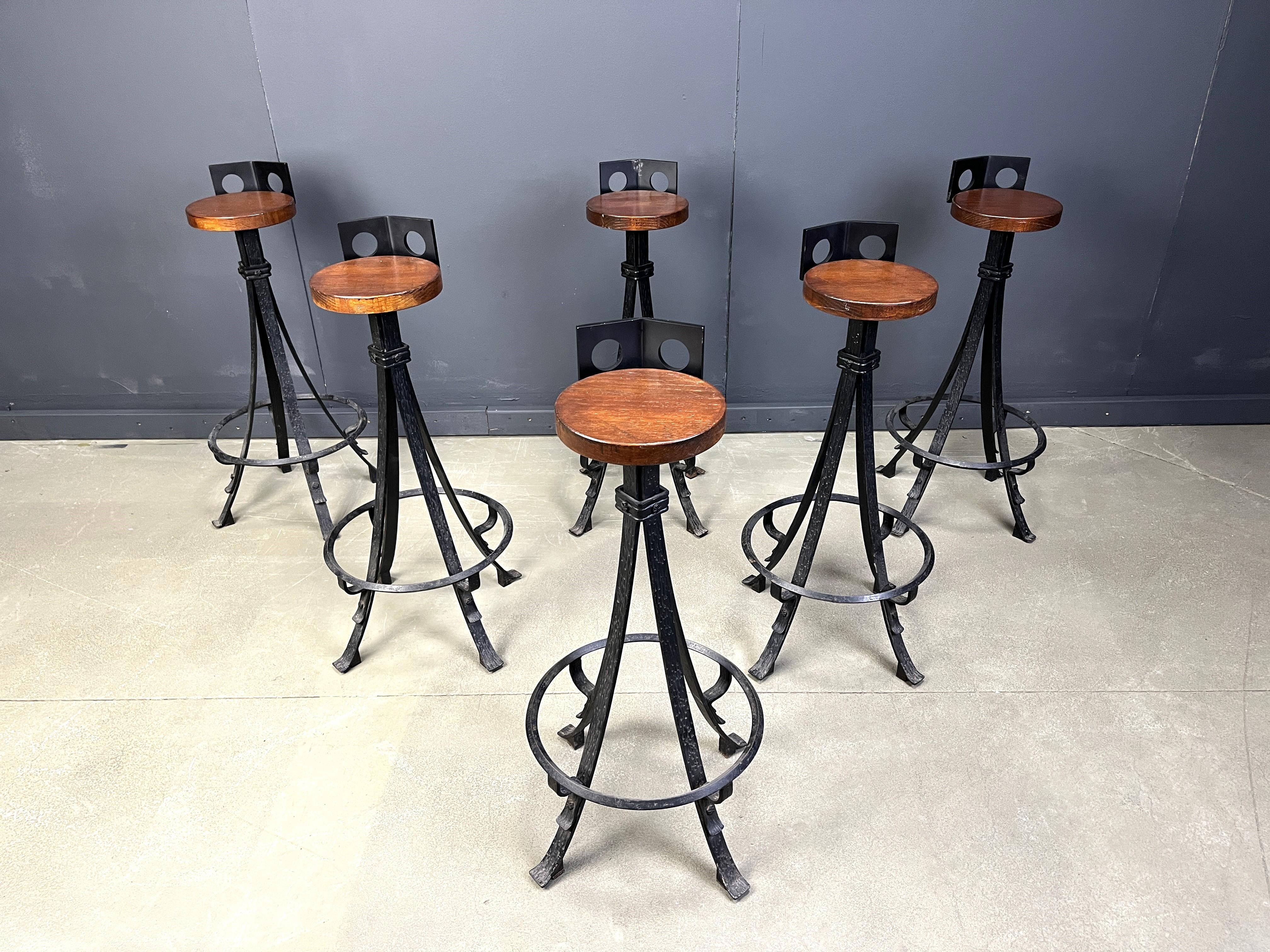 German Vintage brutalist wrought iron bar stools, 1970s - set of 6 For Sale