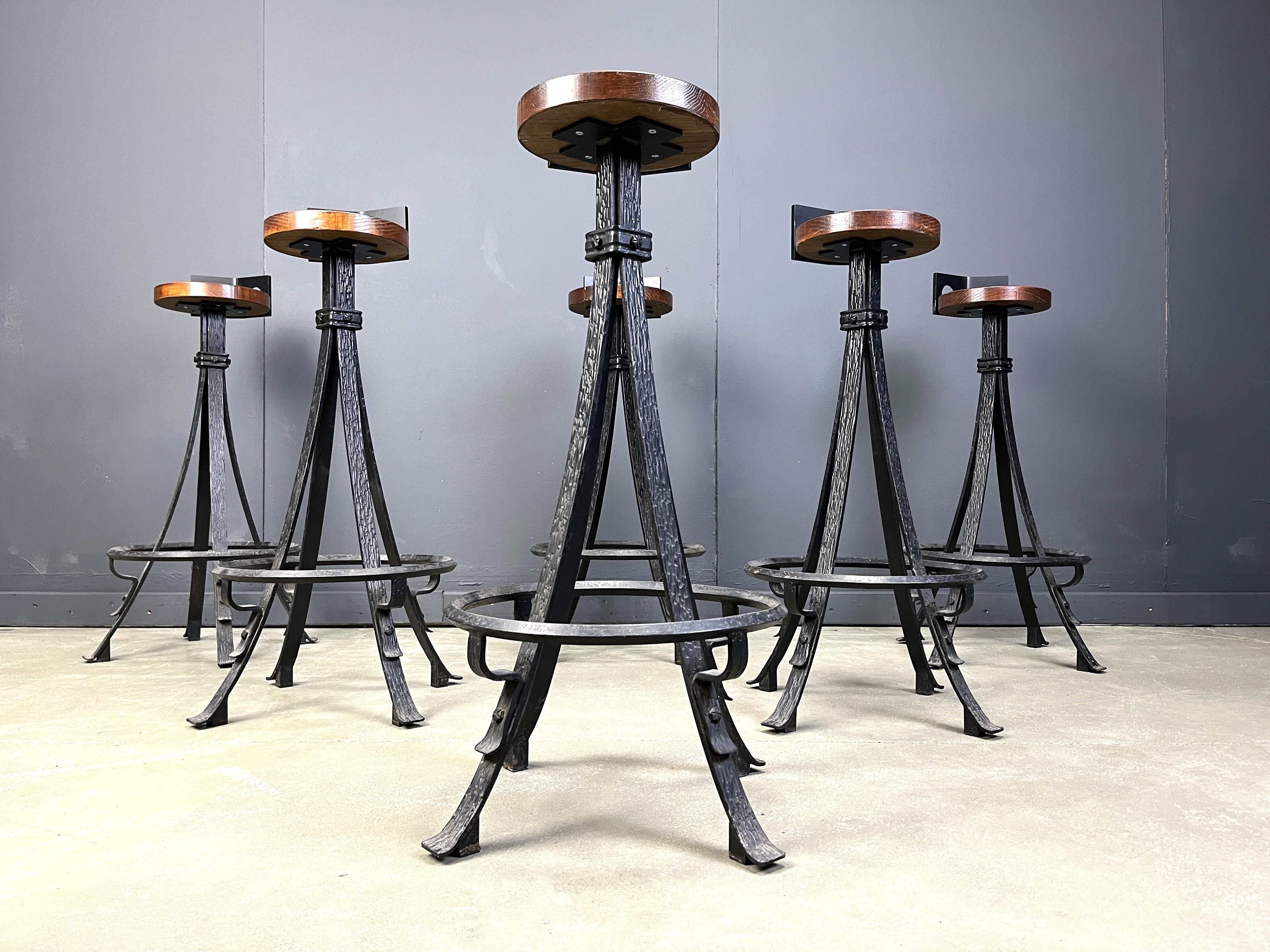Late 20th Century Vintage brutalist wrought iron bar stools, 1970s - set of 6 For Sale