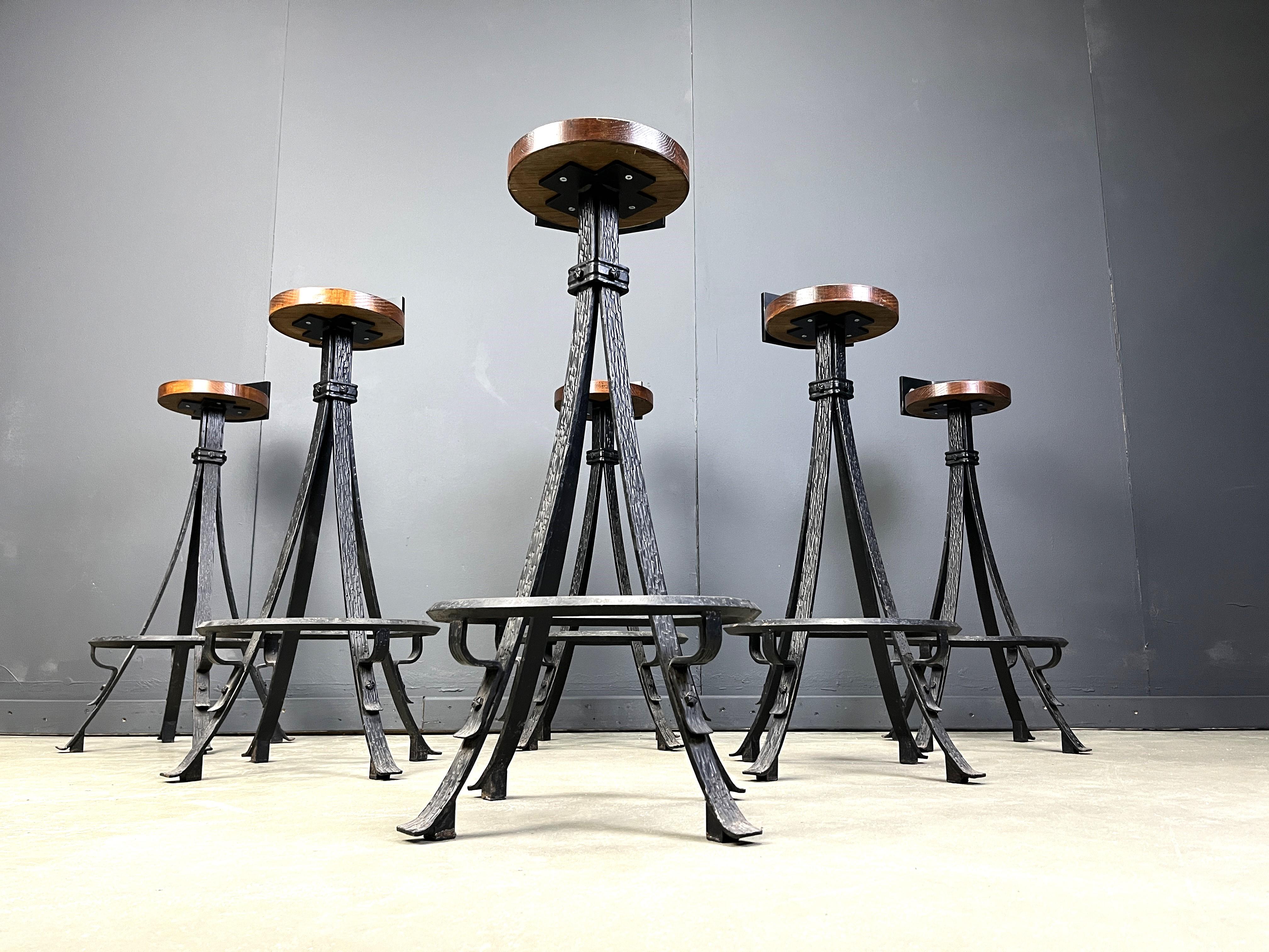 Wrought Iron Vintage brutalist wrought iron bar stools, 1970s - set of 6 For Sale