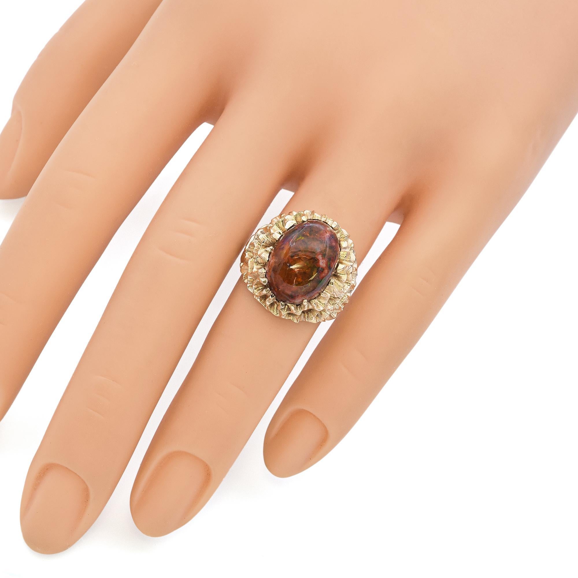 Cabochon Vintage Brutalist Yellow Gold and 6.4ct Mexican Fire Opal Statement Ring For Sale