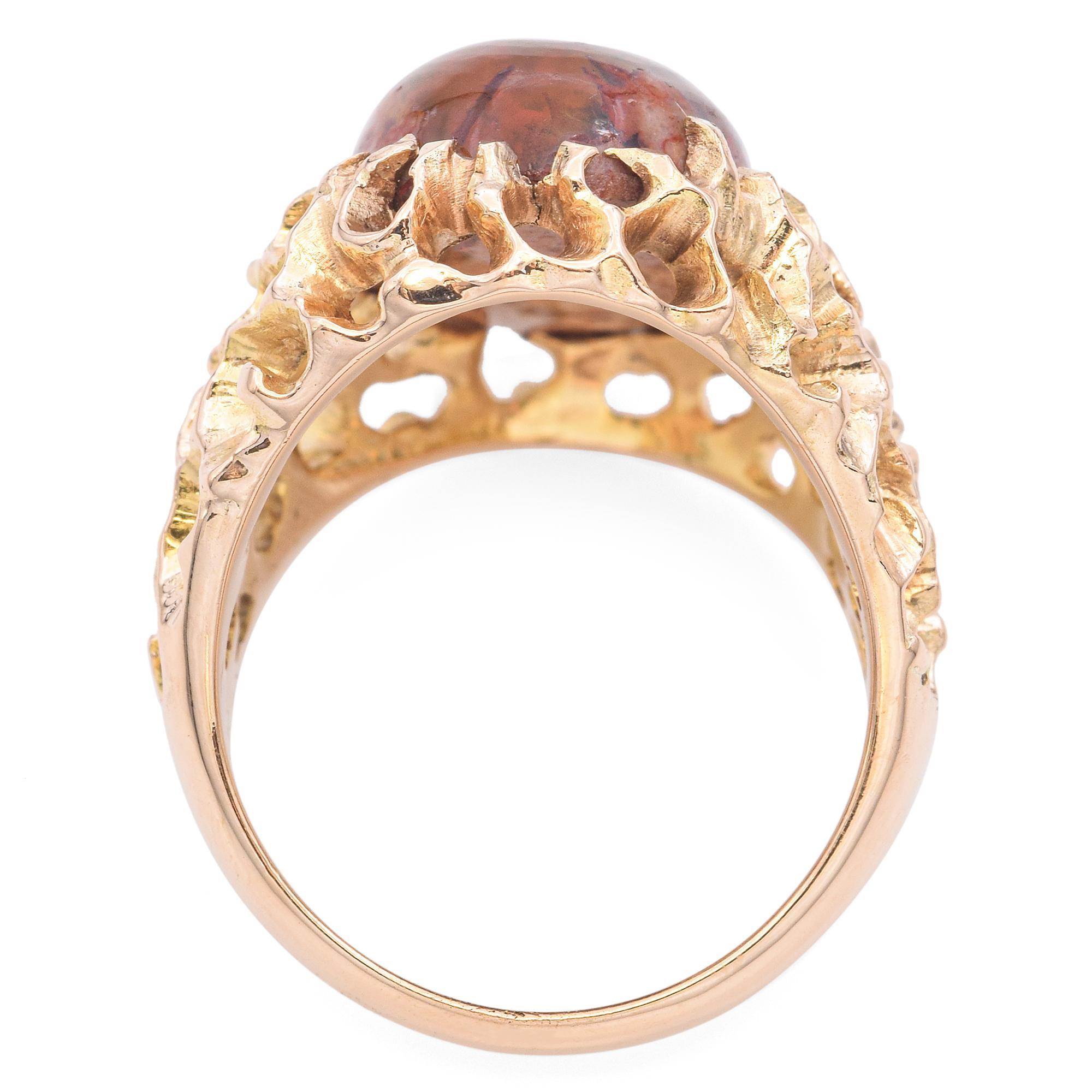 Women's or Men's Vintage Brutalist Yellow Gold and 6.4ct Mexican Fire Opal Statement Ring For Sale
