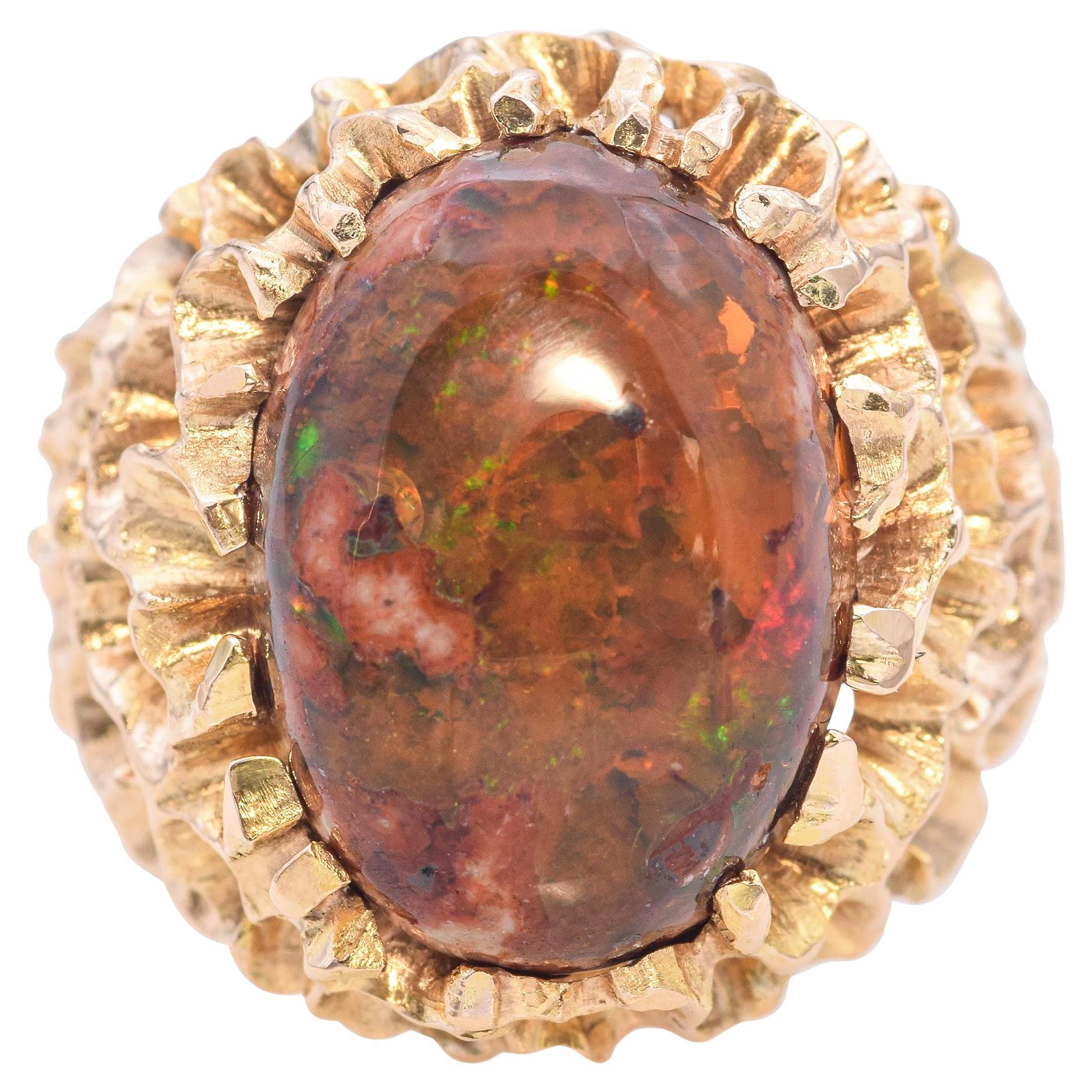 Vintage Brutalist Yellow Gold and 6.4ct Mexican Fire Opal Statement Ring For Sale
