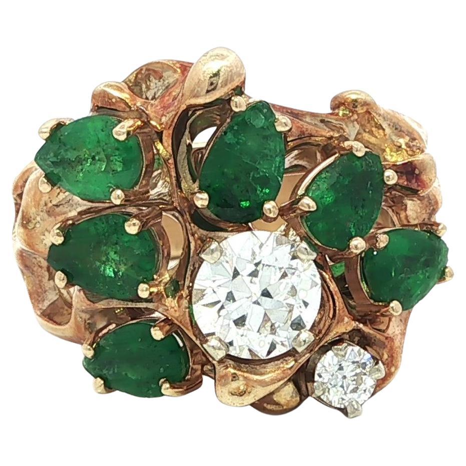 Vintage Brutalist Yellow Gold Emerald European Cut Diamond Fingermate Ring