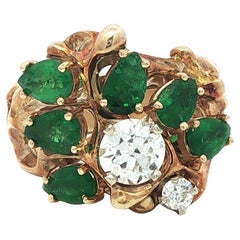 Vintage Brutalist Yellow Gold Emerald European Cut Diamond Fingermate Ring