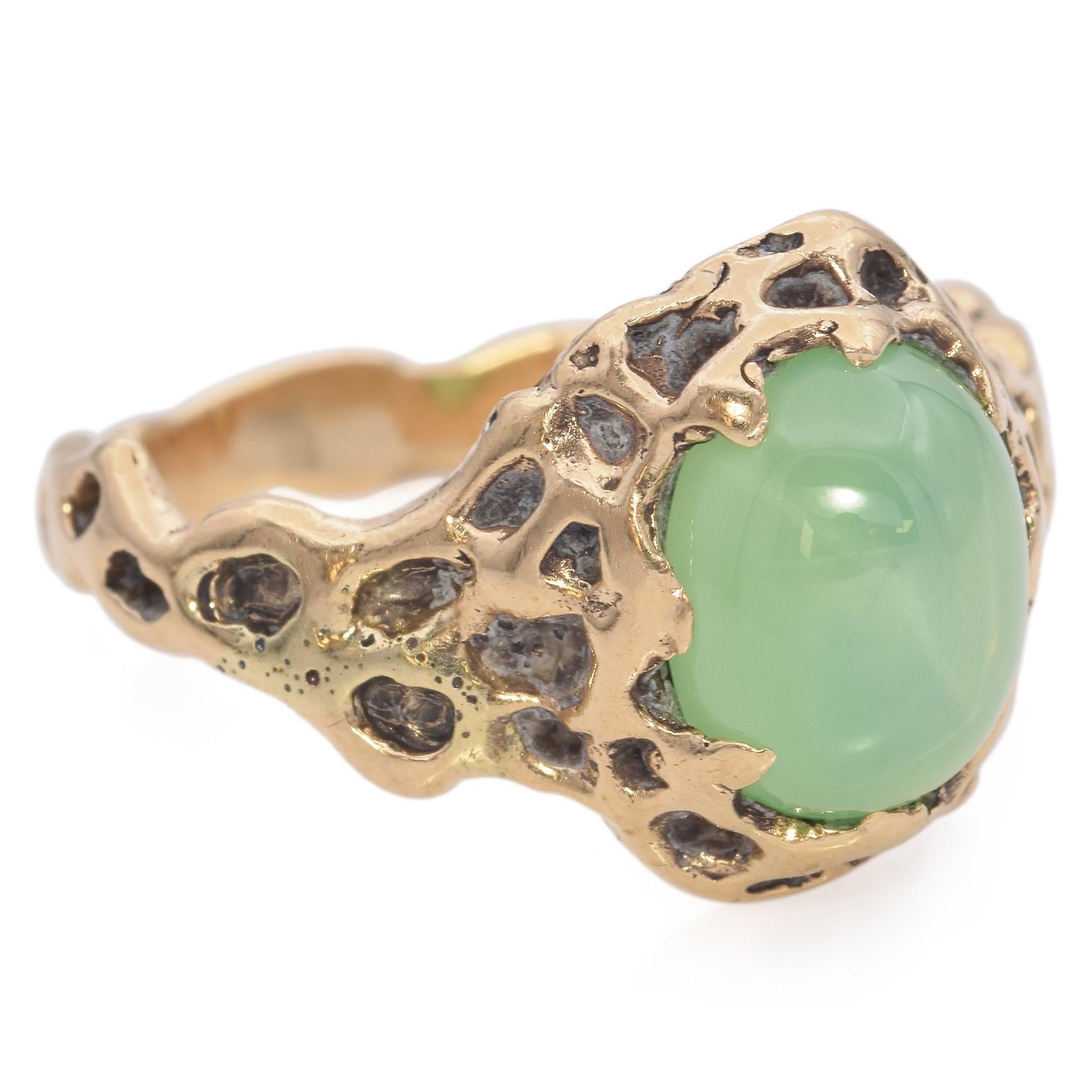 Cabochon Vintage Brutalist Yellow Gold Lab Green Star Sapphire Ring