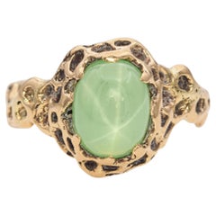 Vintage Brutalist Yellow Gold Lab Green Star Sapphire Ring
