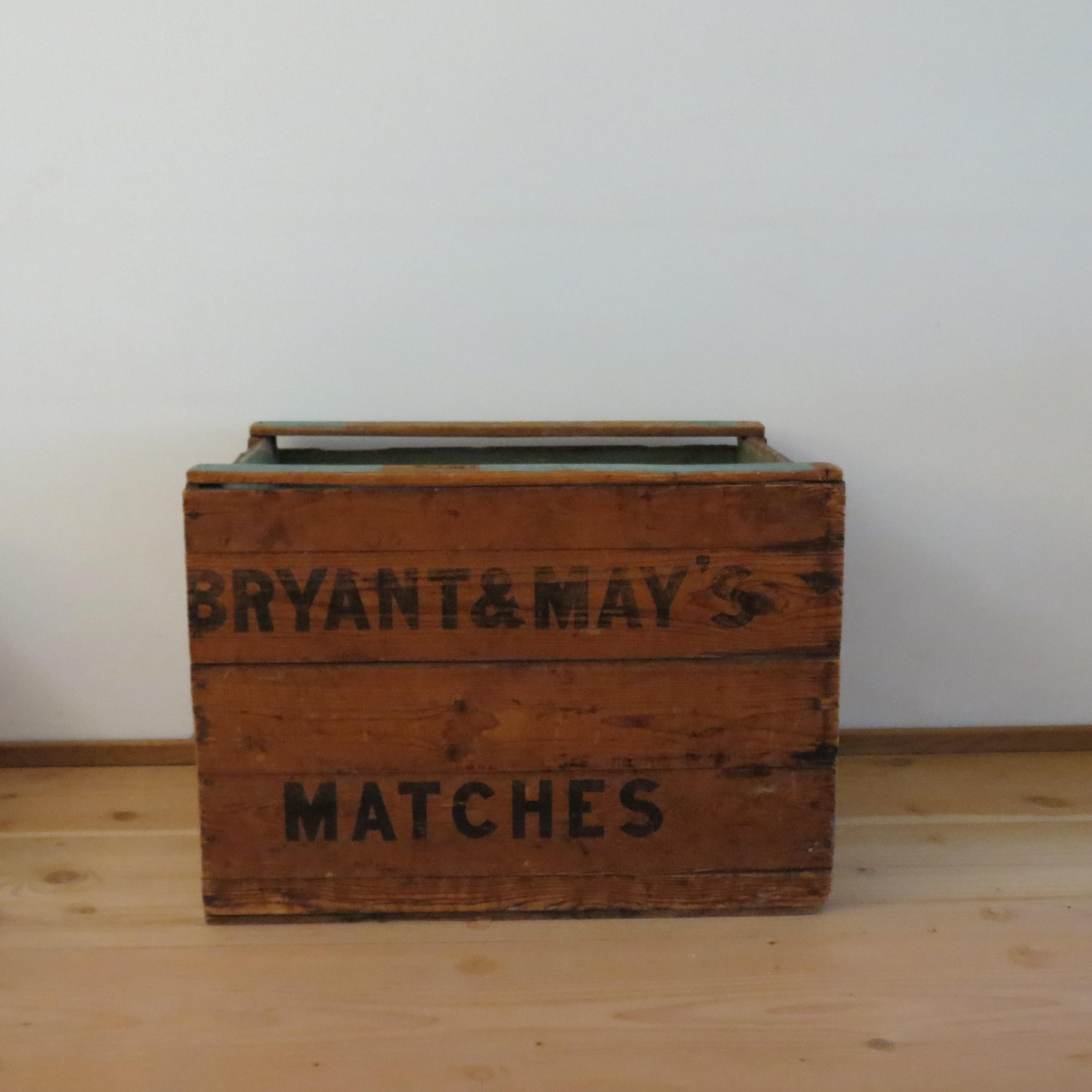 Wonderful vintage wooden storage box. Dates from the 1950s
Bryant and May's Matches stamped to the outside of the box. Would have originally been used to transport matches.
Steel carrying handles have been added to the outside box at later date,