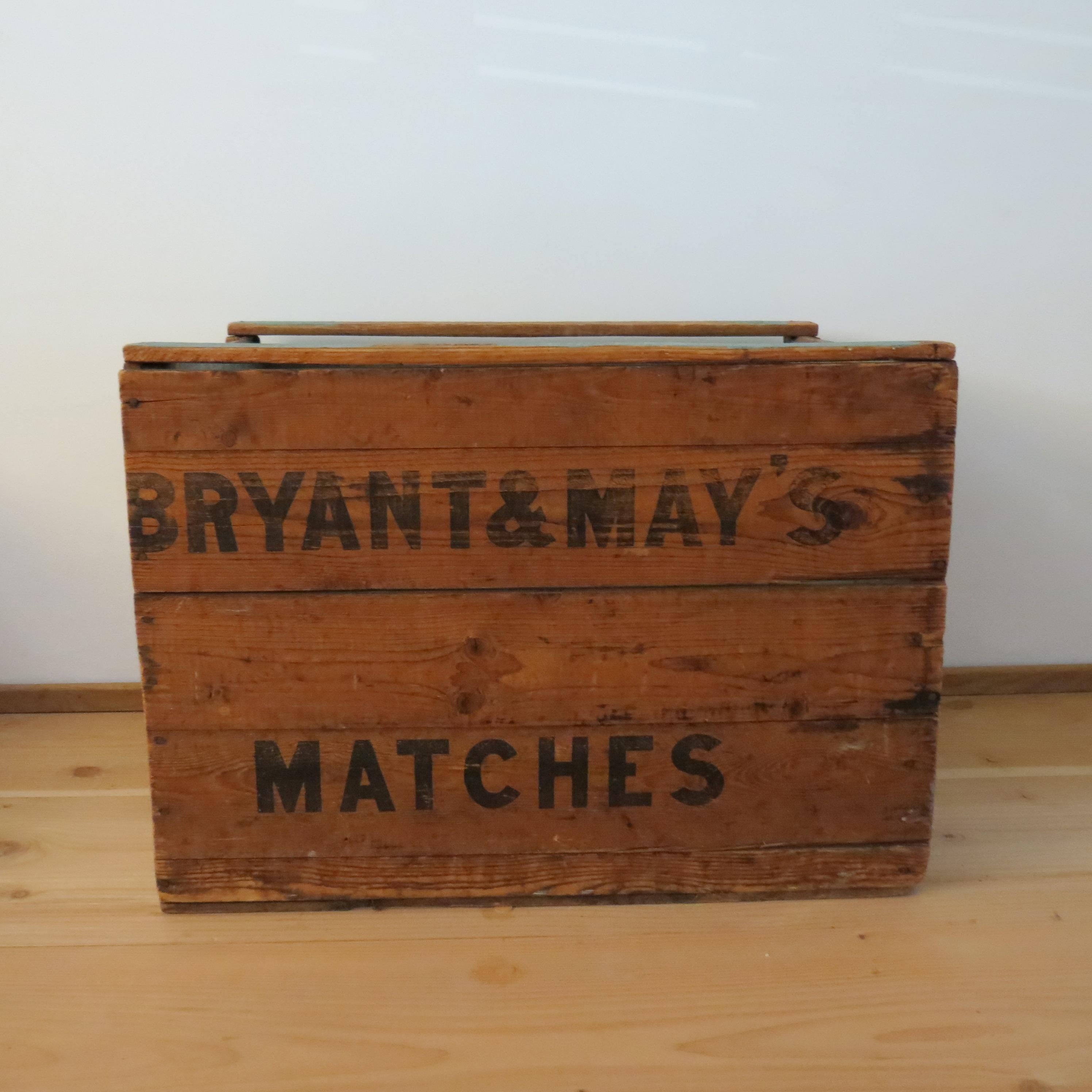 Hand-Crafted Vintage Bryant And May Matches Large Pine Wooden Industrial Storage Box, 1950s