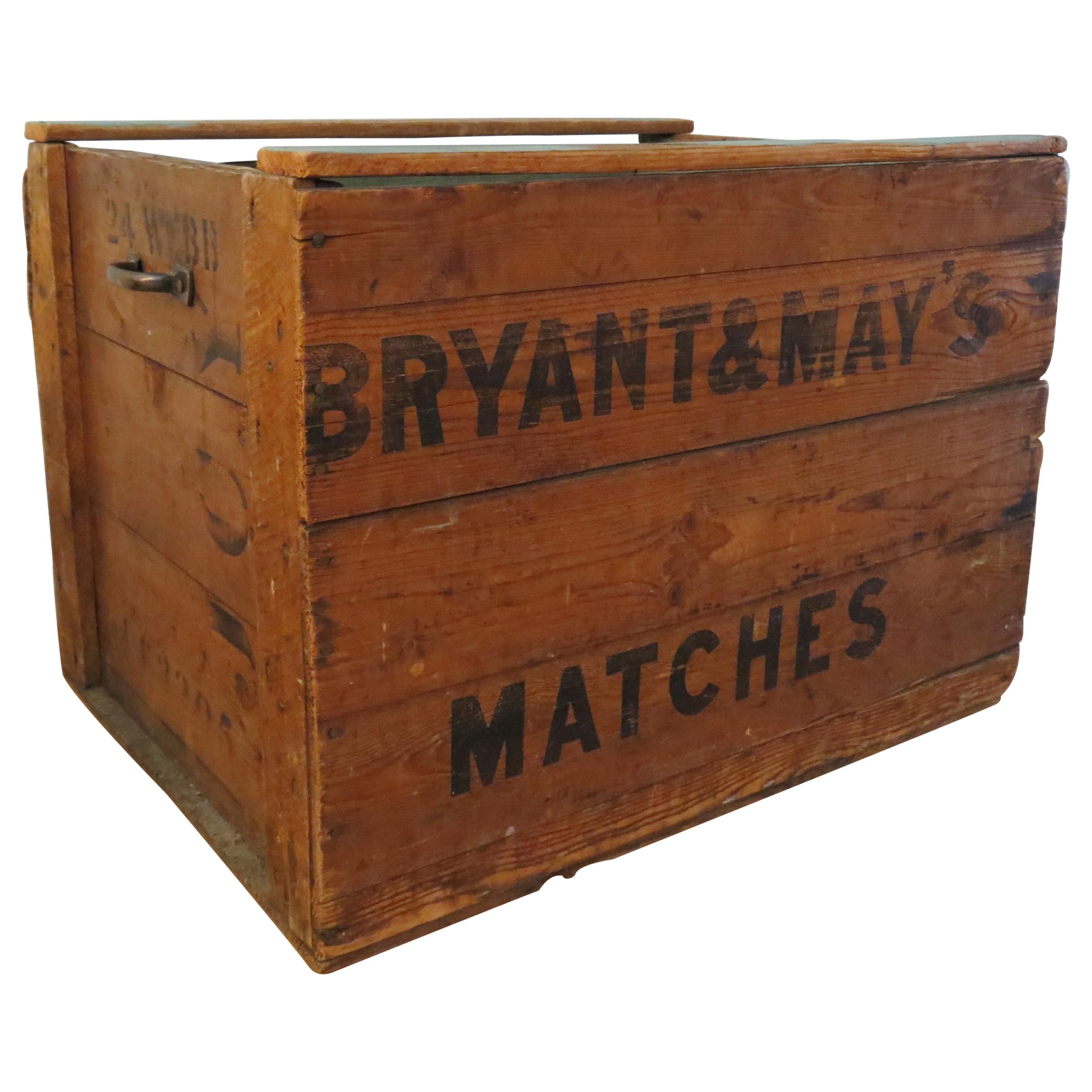 Vintage Bryant And May Matches Large Pine Wooden Industrial Storage Box, 1950s