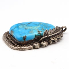 Vintage BS Signed Southwestern Sterling Silver Kingman Turquoise Pendant
