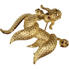 Vintage BSK Mermaid Brooch in Textured Gold-Tone with Ruby Red Rhinestone Eyes