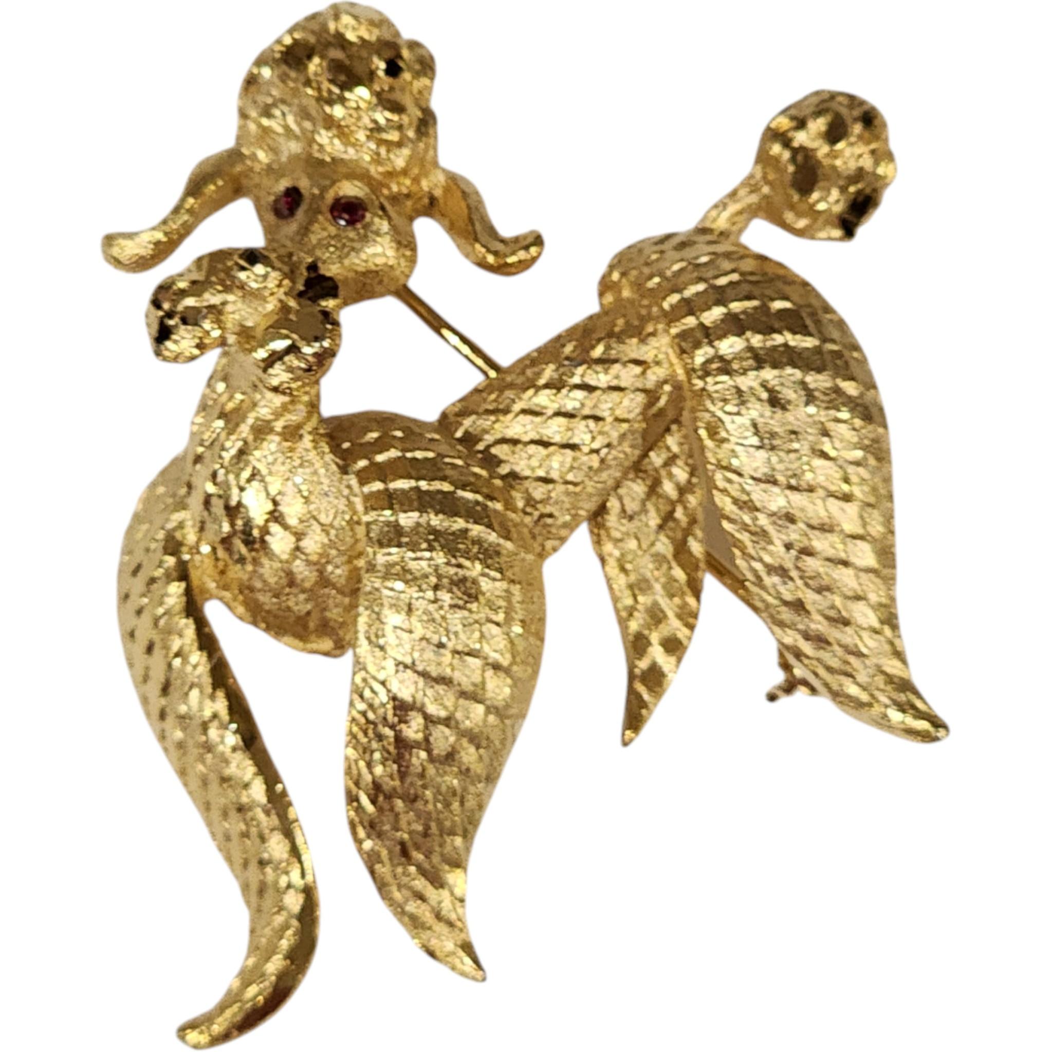 Vintage BSK Mermaid Brooch in Textured Gold-Tone with Ruby Red Rhinestone Eyes