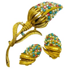 Vintage BSK signed gold pearl turquoise pink glass flower earrings brooch set