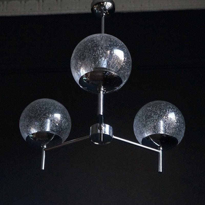 Vintage Hand Blown Bubble Glass and Chrome Chandelier, 1970s Ceiling Light  1