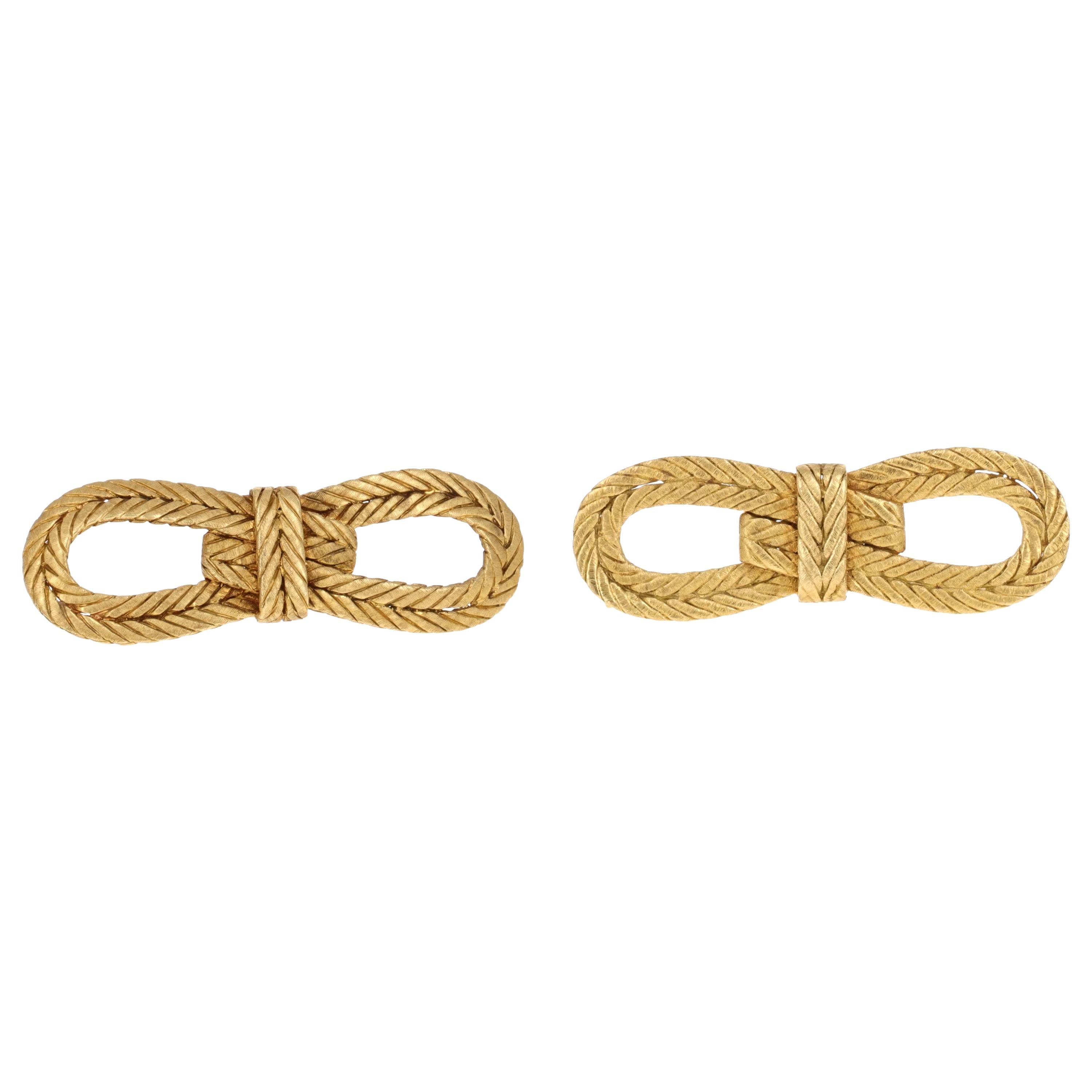 Vintage Buccellati, 18 Karat Yellow Gold Rope Textured Bow Brooches, Pair