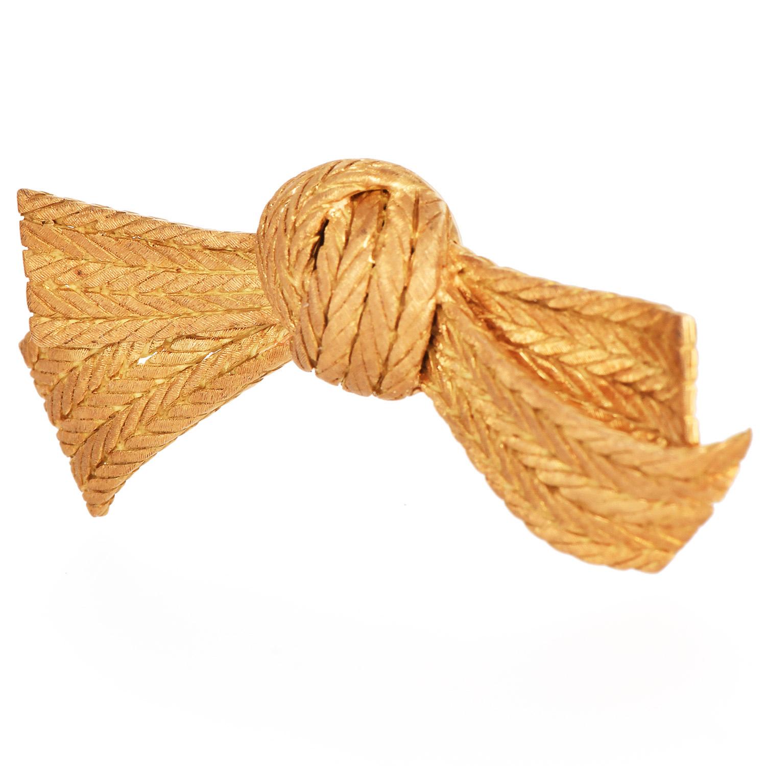 Women's Vintage Buccellati 18K Gold Italian Woven Textured Bow Brooch