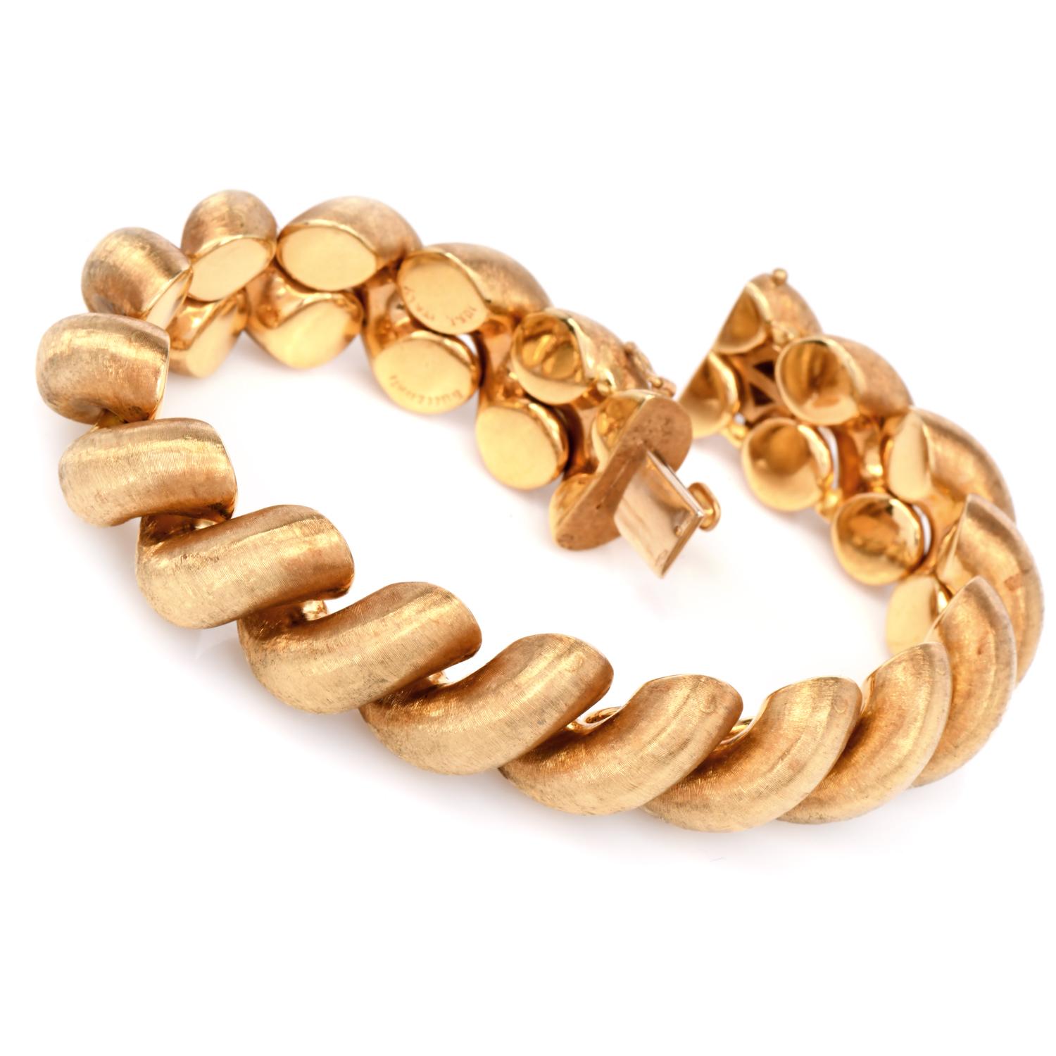 This Buccellati bracelet is a must-have. Buccellati is famous for its exquisite textured jewelry and workmanship. It is handcrafted using traditional Buccellati Rigato techniques with satin finish in excellent condition ready to be a part of your