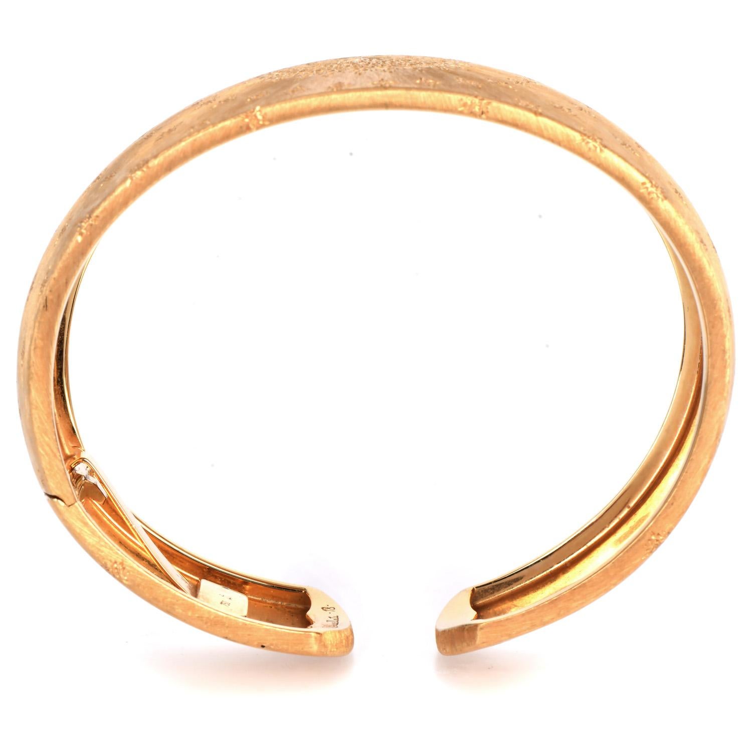 Vintage Buccellati 18K Gold Wide Satin Engraved Cuff Bracelet In Excellent Condition For Sale In Miami, FL