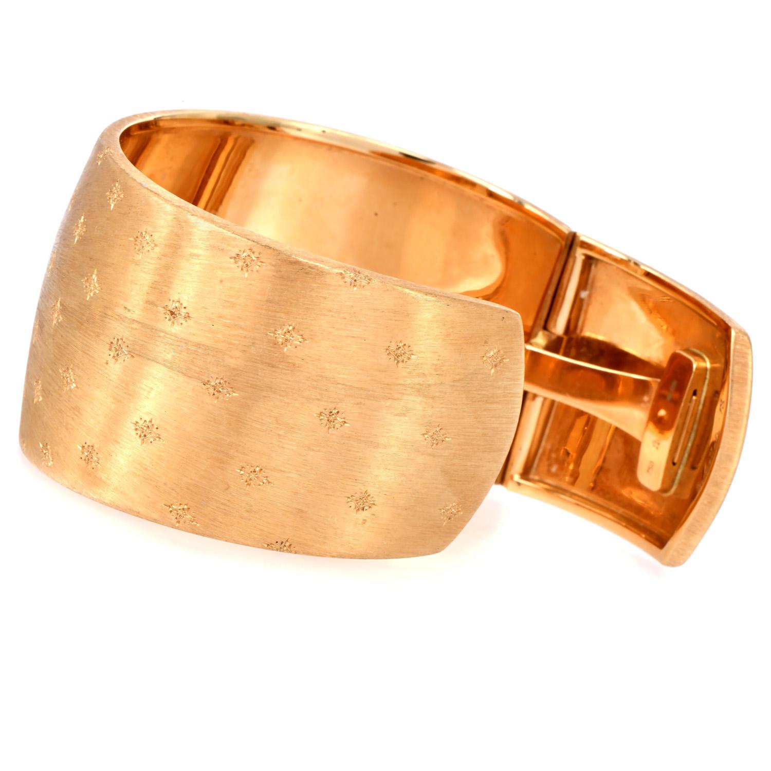 Women's Vintage Buccellati 18K Gold Wide Satin Engraved Cuff Bracelet For Sale