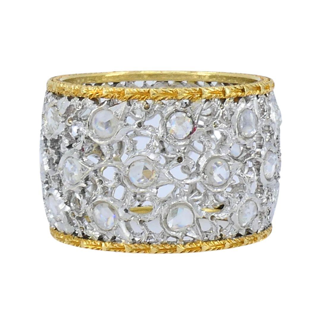 Vintage Buccellati 18k Zweifarbig Gold Diamond Open Work Band Ring (Rosenschliff) im Angebot