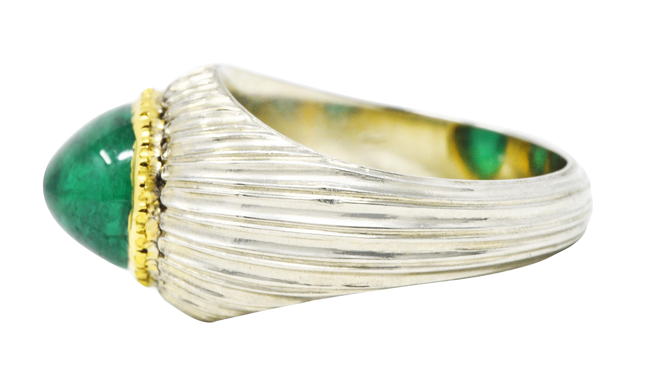 Oval Cut Vintage Buccellati 4.83 Carats Emerald Cabochon 18 Karat Two-Tone Gold Ring