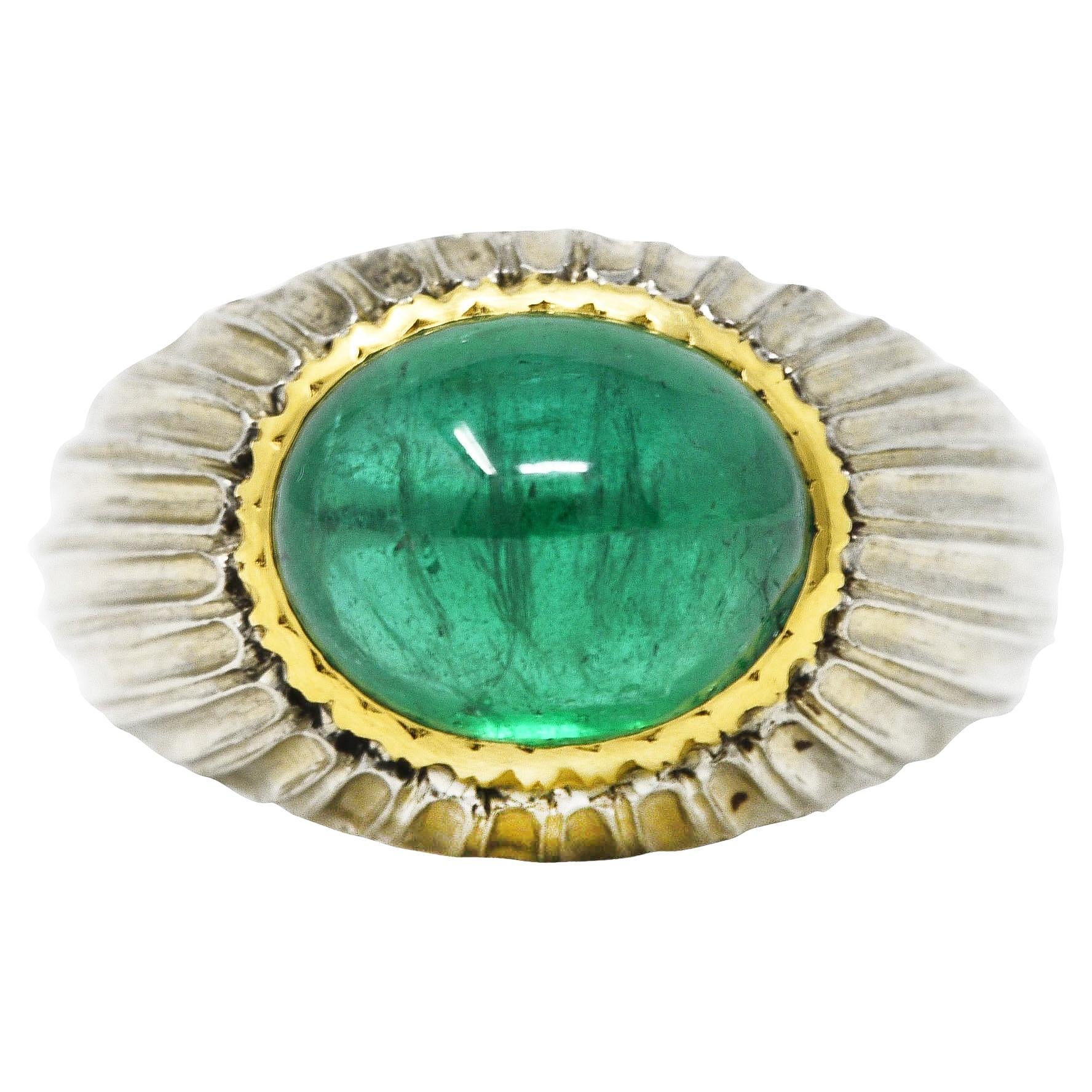 Vintage Buccellati 4.83 Carats Emerald Cabochon 18 Karat Two-Tone Gold Ring