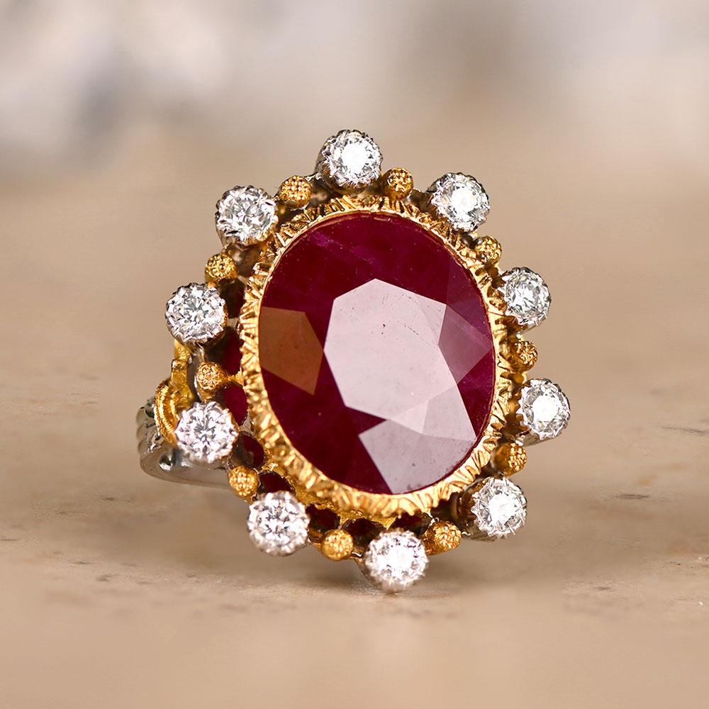 This exquisite vintage Buccellati ring features a natural Burma ruby weighing approx 7.41 carats, set in 18k gold with diamond accents. The ring's delicate and intricate handcrafted engravings add to its unique charm and elegance.

Ring Size: 6.5