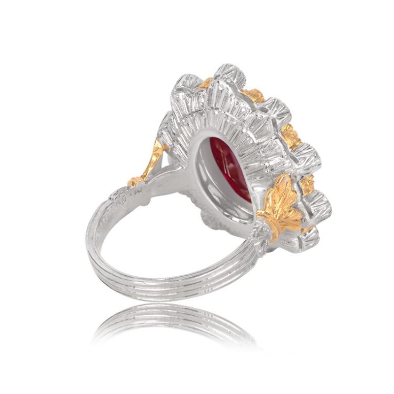 Oval Cut Vintage Buccellati 7.41 Carat Ruby Ring, Gold, Diamond Halo, Italy For Sale