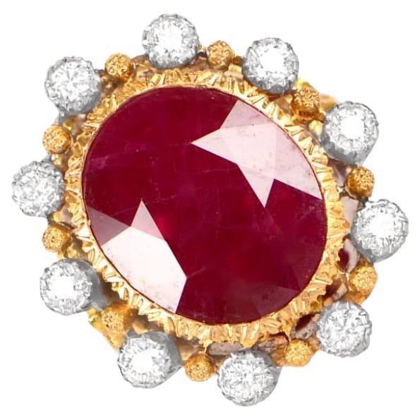 Vintage Buccellati 7.41 Carat Ruby Ring, Gold, Diamond Halo, Italy For Sale