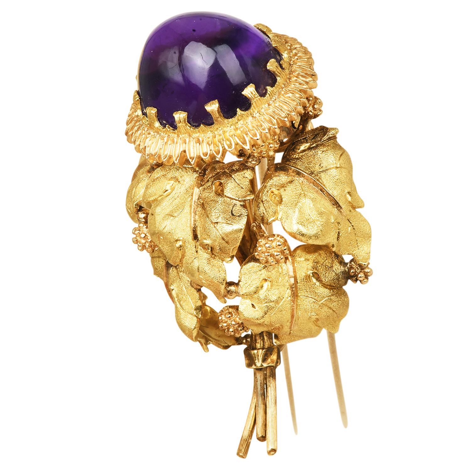 Rétro Broche Vintage Buccellati Améthyste Gland Or 18K en vente