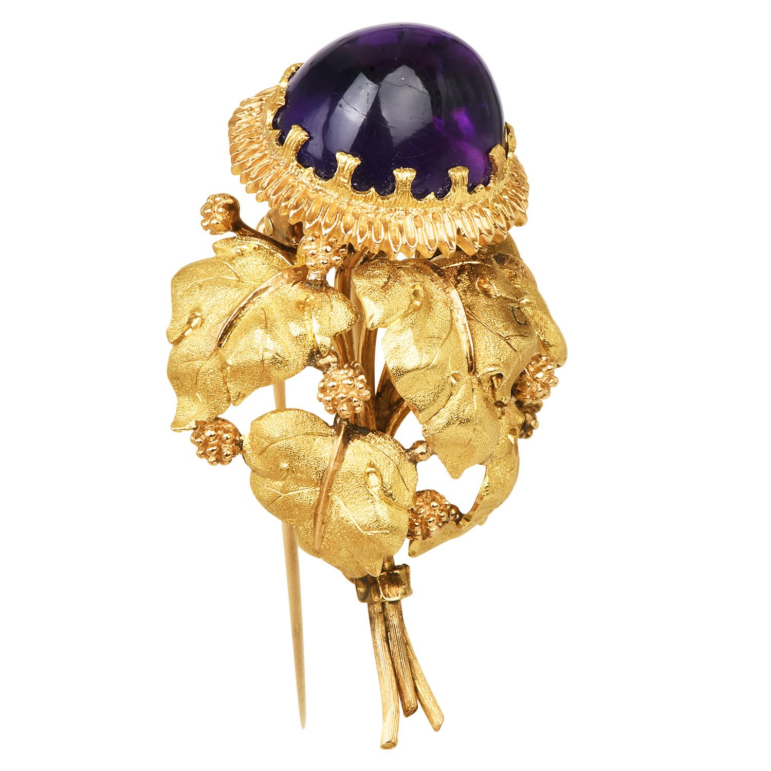 Taille cabochon Broche Vintage Buccellati Améthyste Gland Or 18K en vente