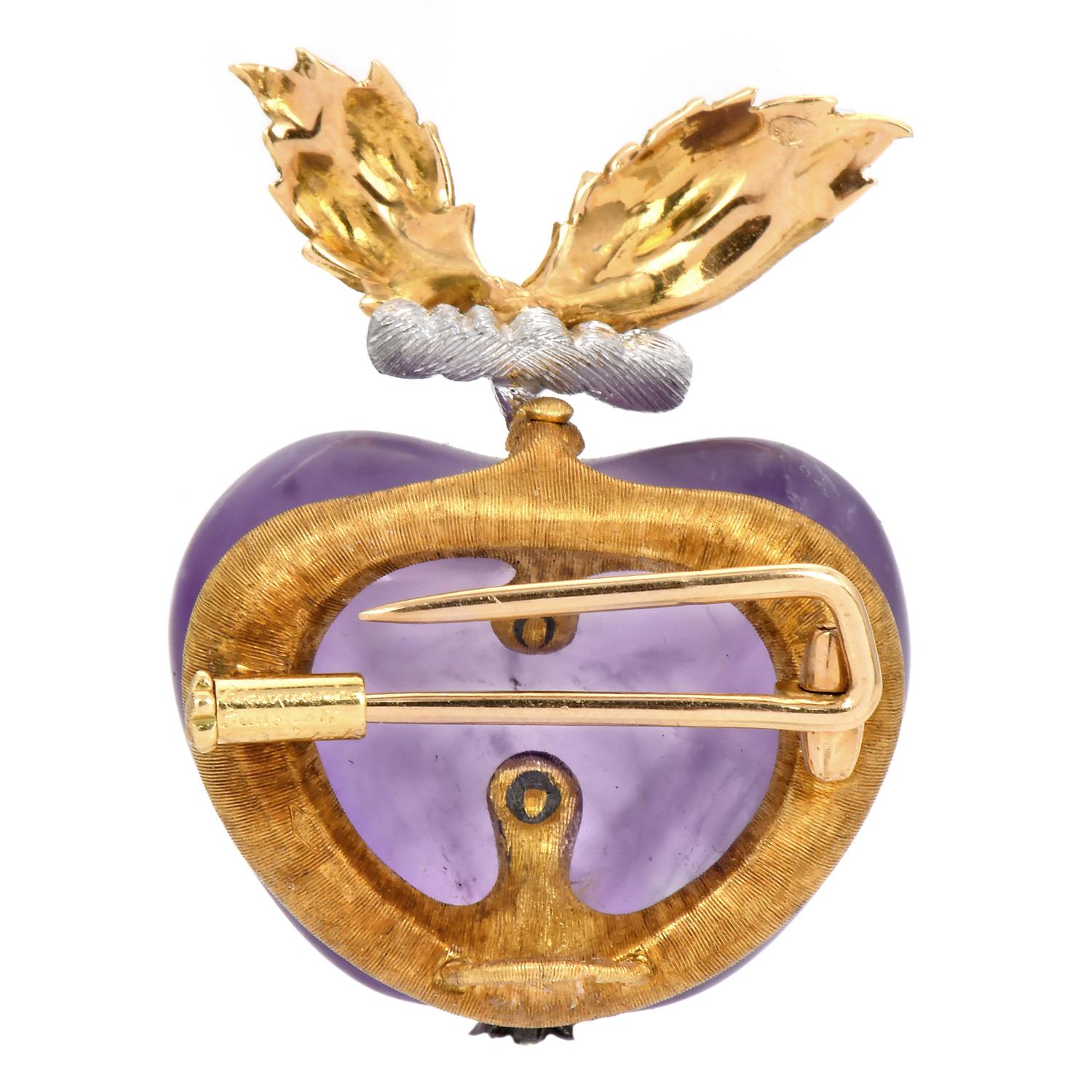 Mixed Cut Vintage Buccellati Cabochon Amethyst 18k Two-Tone Gold Apple Brooch Pin
