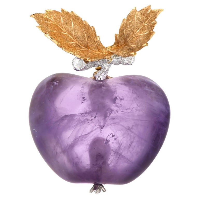 Vintage Buccellati Cabochon Amethyst 18k Two-Tone Gold Apple Brooch Pin For Sale