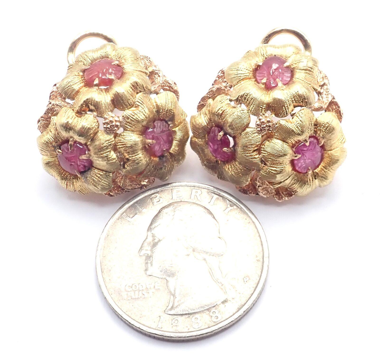 Vintage Buccellati Carved Ruby Flower Yellow Gold Earring For Sale 6