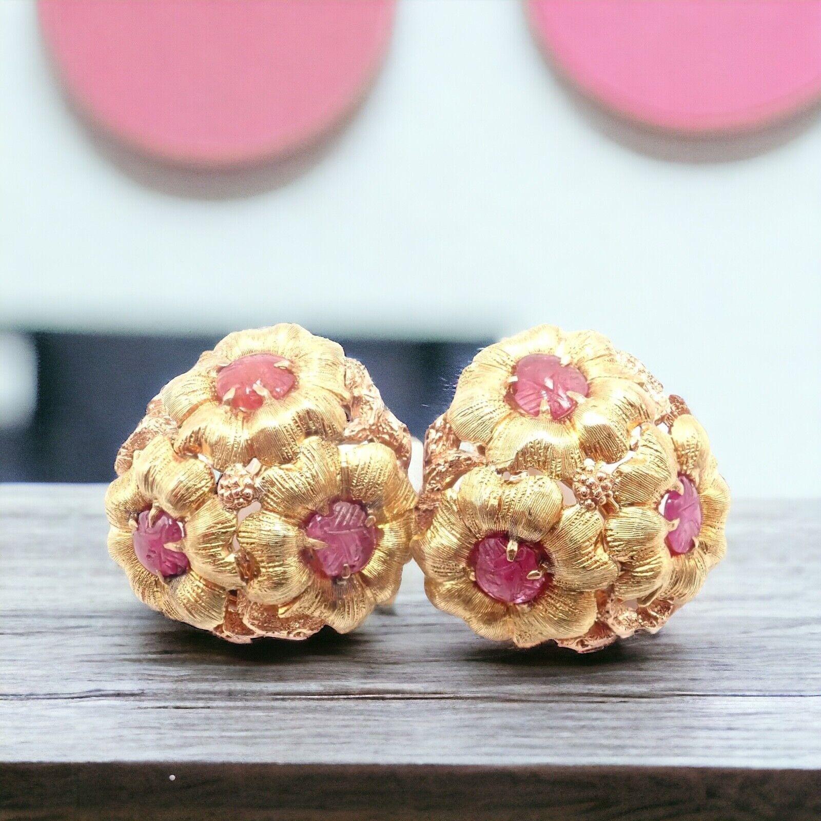 Uncut Vintage Buccellati Carved Ruby Flower Yellow Gold Earring For Sale