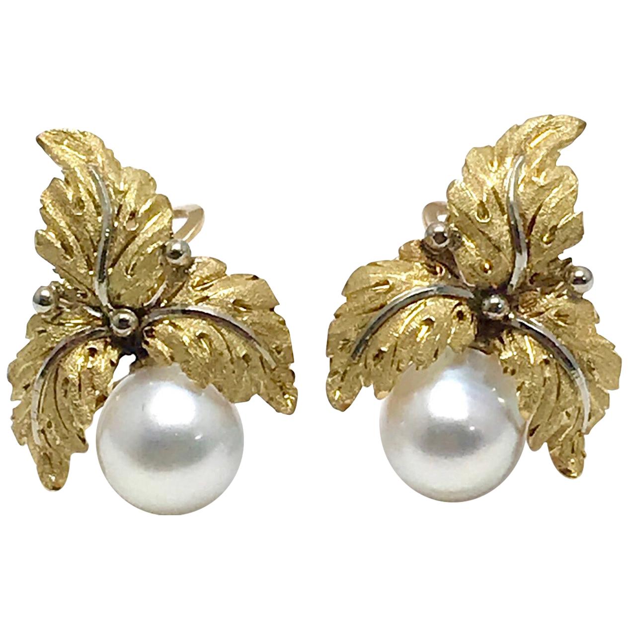 Vintage Buccellati Cultured Pearl and 18K Yellow & White Gold Leaf Clip Earrings