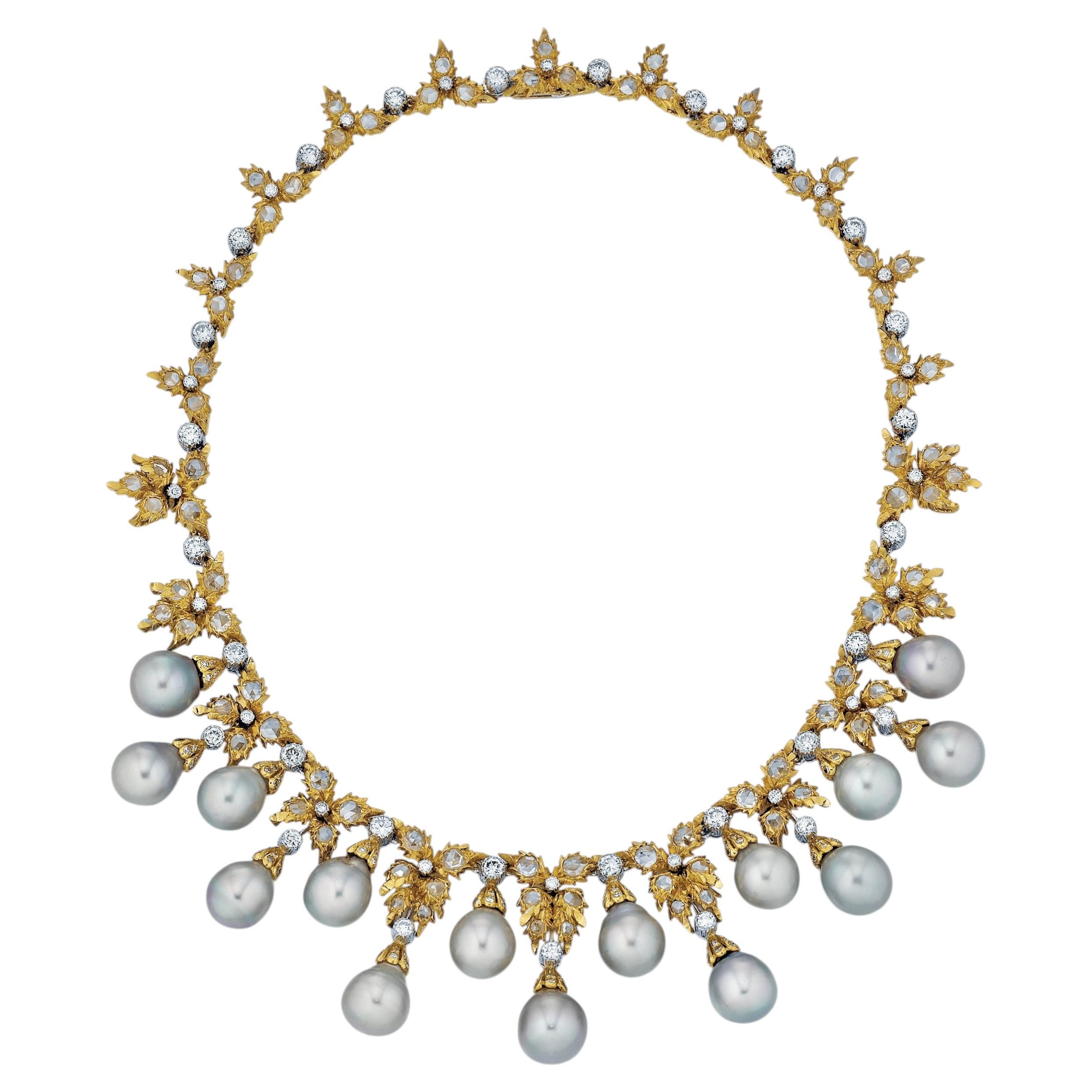 Vintage Buccellati Diamond and Cultured Pearl Necklace in 18K Gold