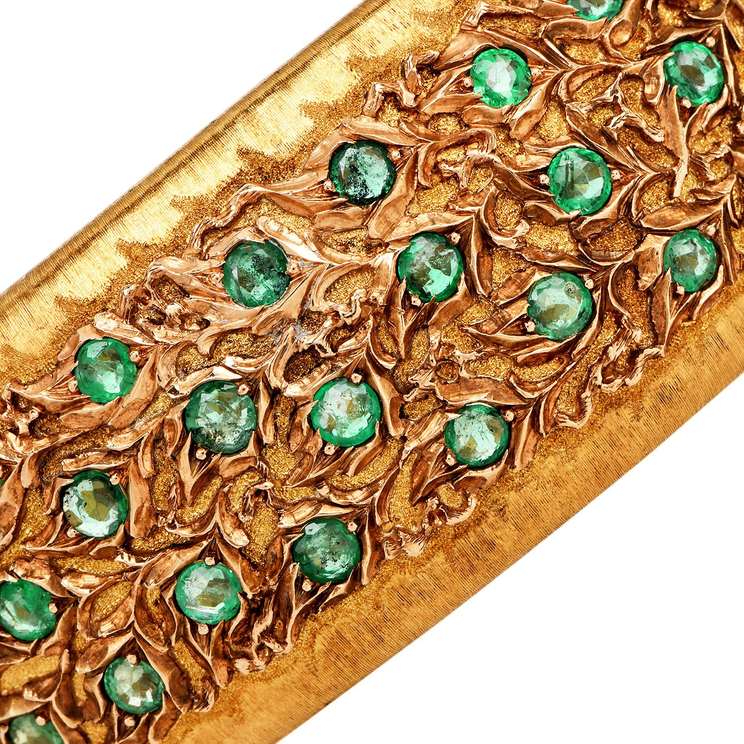 An exceptional piece of vintage Italian craftsmanship, this Buccellati Macri bangle bracelet is a luxurious blend of artisanal detail and timeless elegance. Meticulously handcrafted in 18K yellow gold with vibrant genuine emeralds, the bracelet