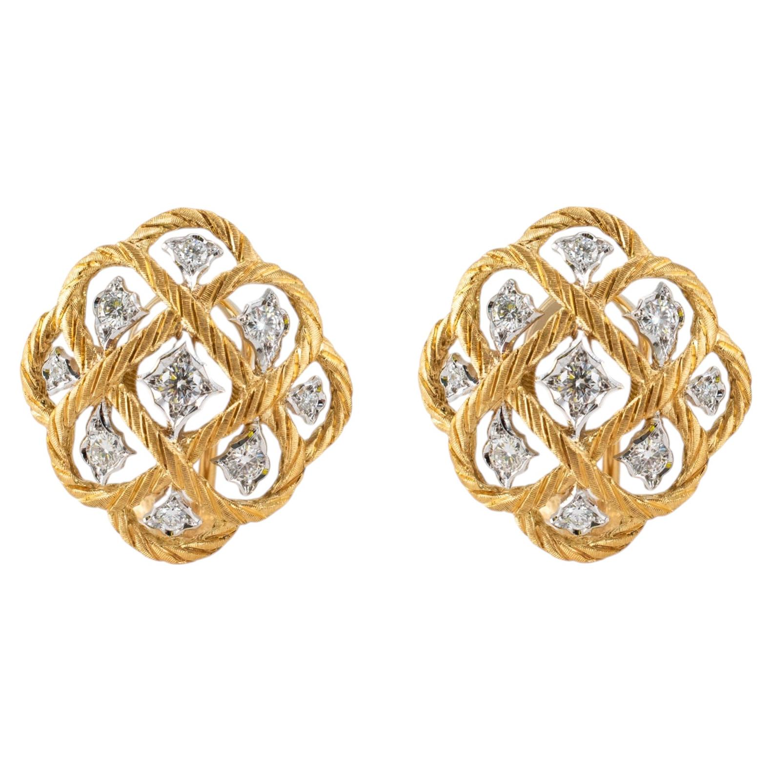 Pre-owned Buccellati Vintage Etoilee 18k Yellow & White Gold Diamond Rope Clip On Earrings