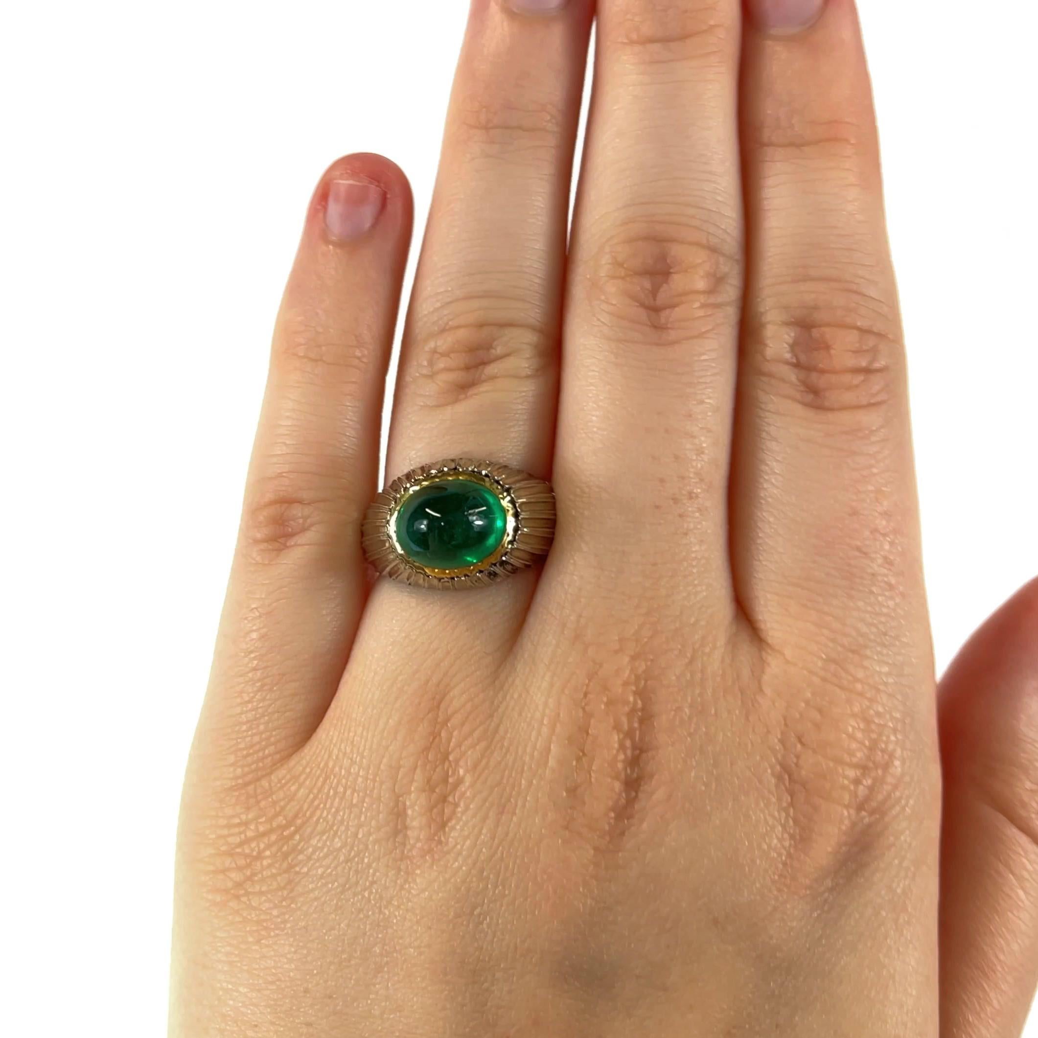 Vintage Buccellati GIA 4.90 Carat Zambian Emerald Cabochon 18 Karat Gold Ring In Excellent Condition In Beverly Hills, CA