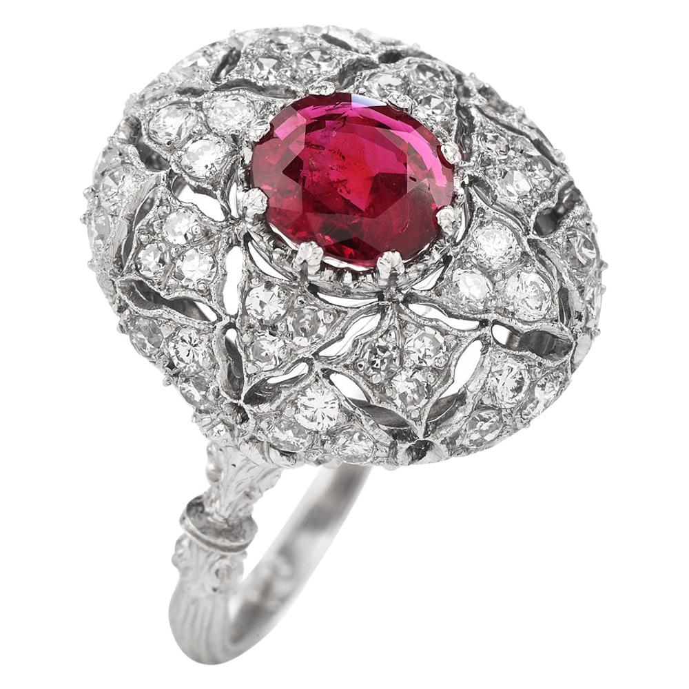 Vintage Buccellati Italy Ruby Diamond Platinum Starburst Engagement Ring