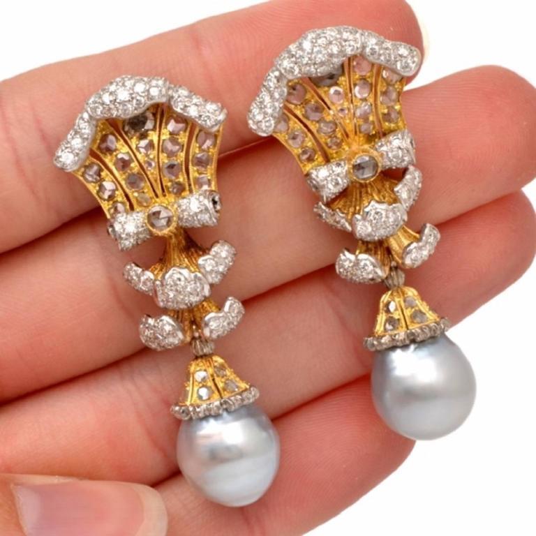 Buccellati Perlen-Diamant-Gold-Tropfen-Ohrringe (Rundschliff)