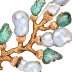 Vintage Buccellati Pearl Emerald 18K Gold Twig Branch Brooch