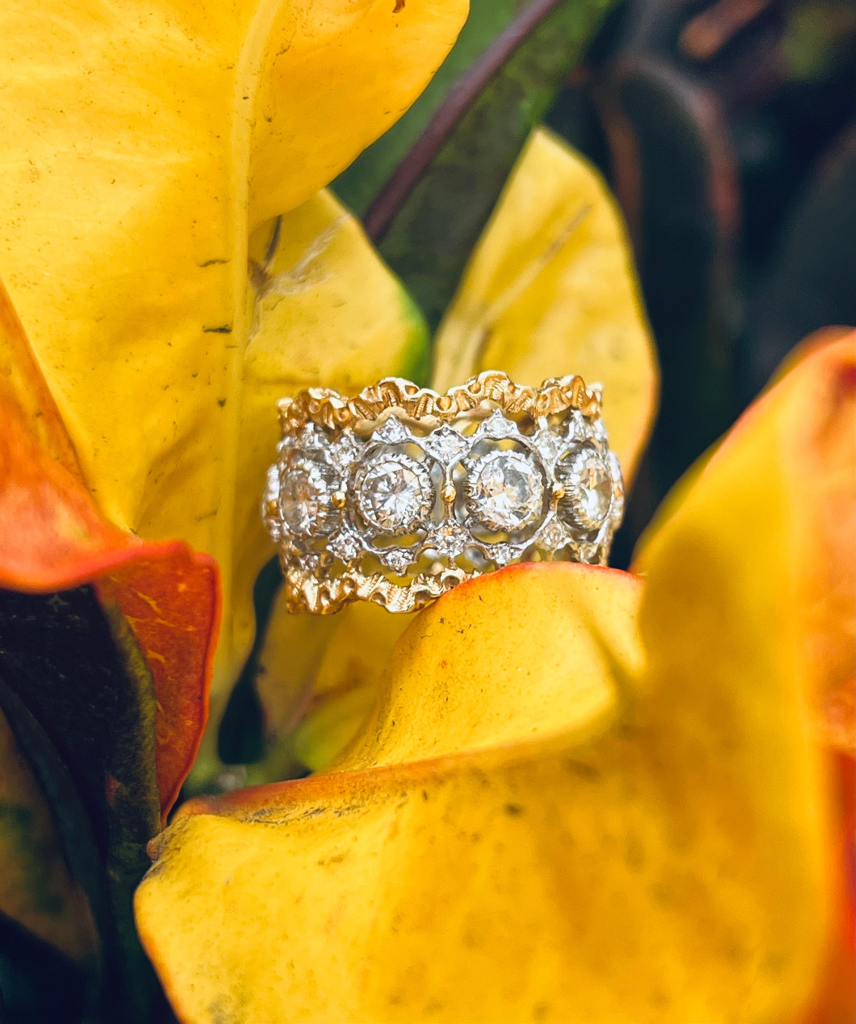 Beautiful ring by famed Italian designer Buccellati. From the Rombi Eternelle collection this ring is truly fantastic, although this design is still made, this model showcases larger diamonds throughout the ring then the design sold in store
