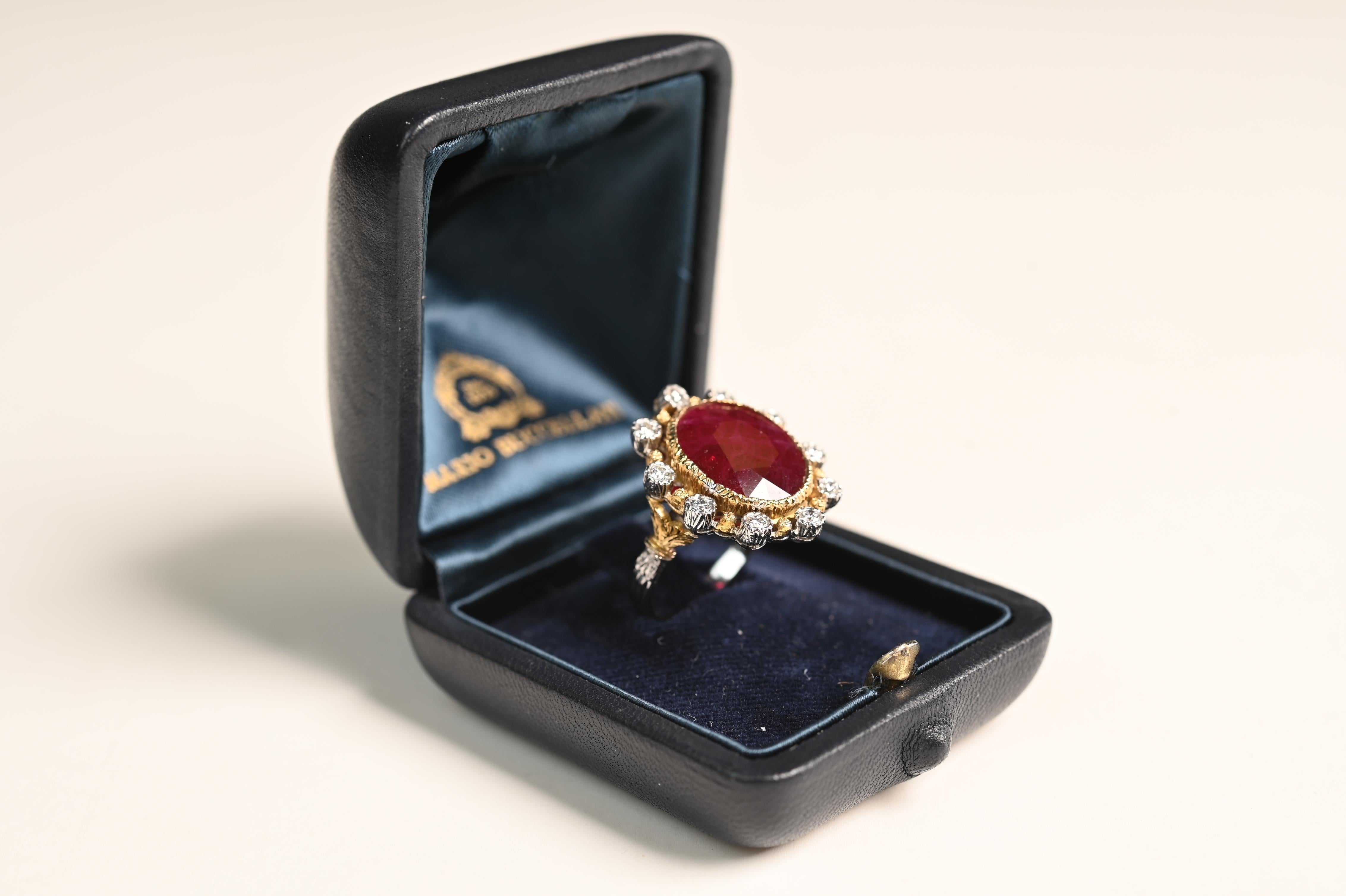 Presenting a magnificent vintage ruby ring by the esteemed Italian jeweler Mario Buccellati, crafted in luxurious 18k gold and exquisitely accented with diamonds. At the heart of this elegant creation lies a breathtaking natural Burma ruby, weighing